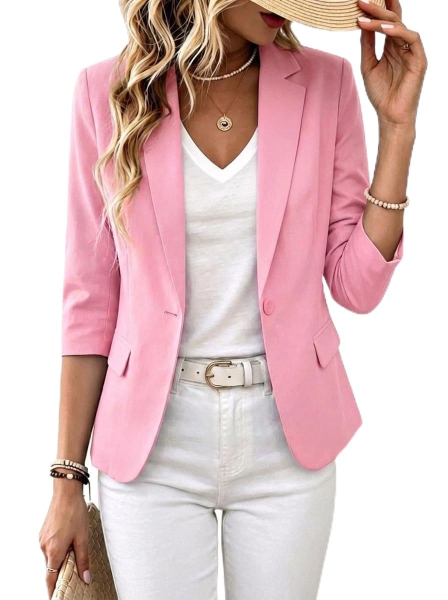 Kinghua Womens Linen Blazer Spring Summer Casual One Button Lapel Half Sleeve Business Work Linen Blazers Suit Jackets