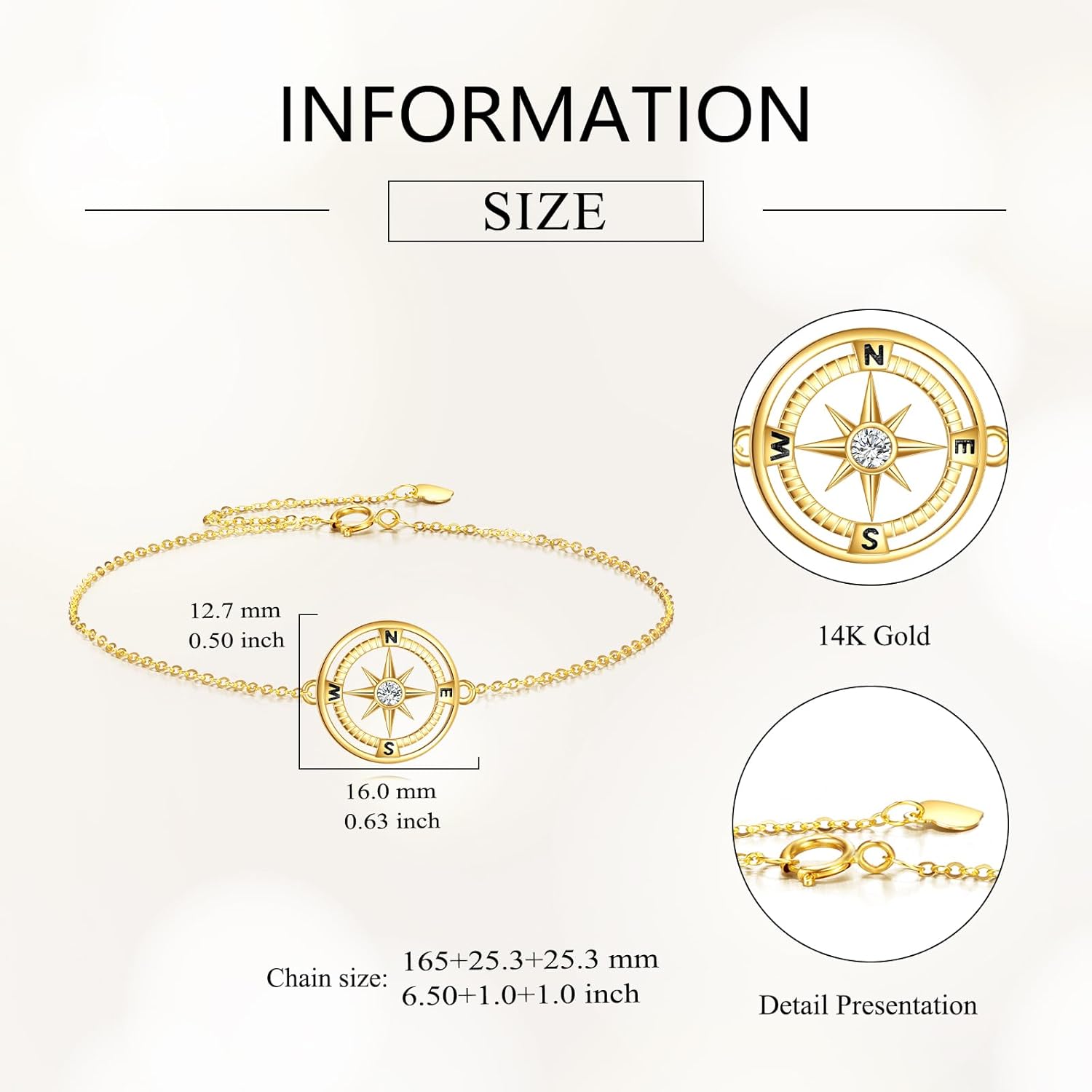 DOVRAN 14K Solid Gold Compass bracelet for Women Graduation Jewelry Birthday Christmas Gifts for Wife Mom