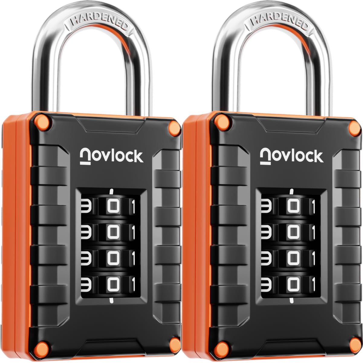 NOVLOCK Locker Padlocks with 4-Digit Code for Gym, School, Home, Work – Sturdy Combination Locks with Hardened Steel Shackle – 2-Pack, Black/Orange