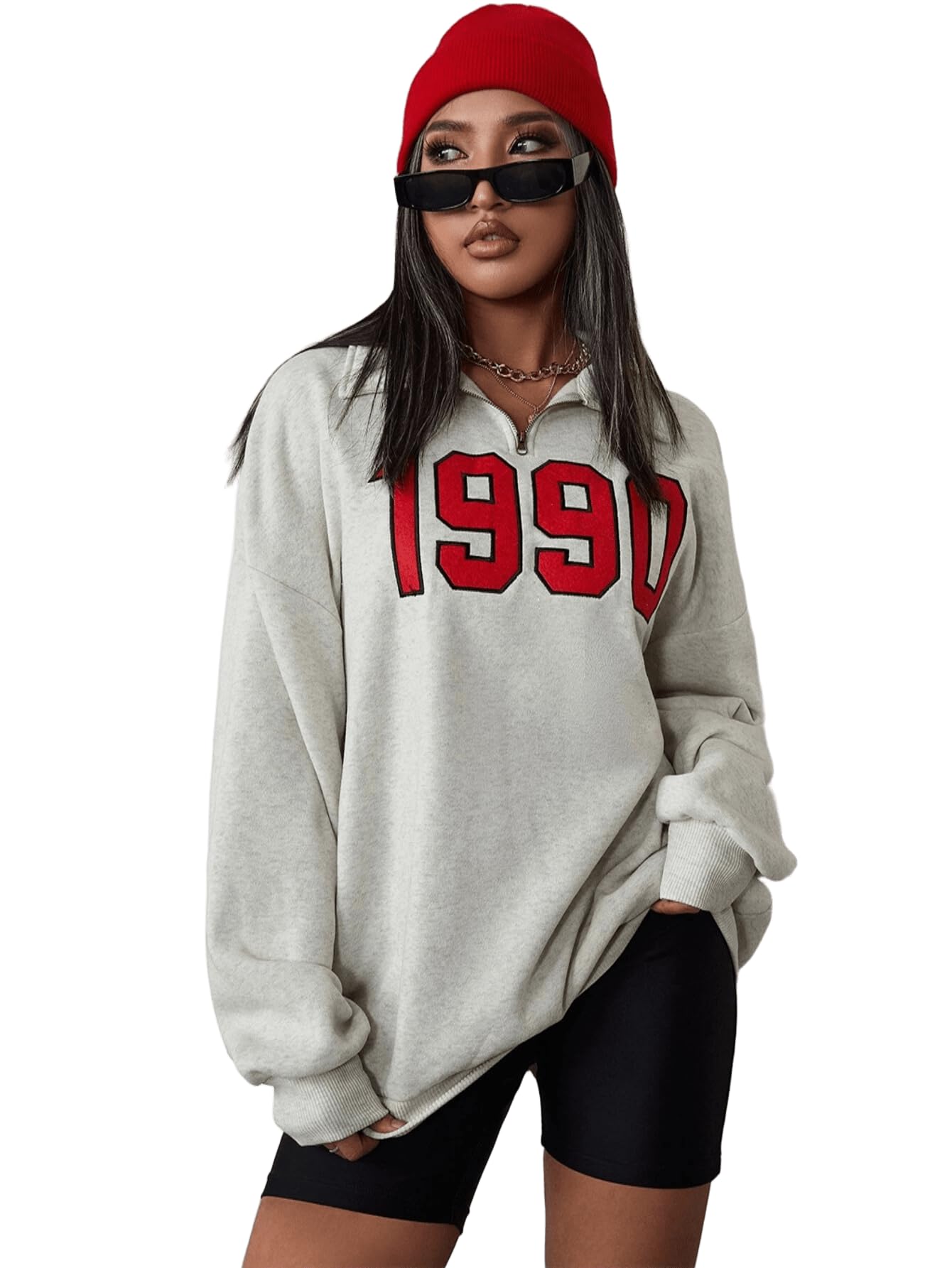 sxv style Retro 1990 Half-Zip Sweatshirt, Grey with Red Graphic Print, Oversized Fit-picture-28