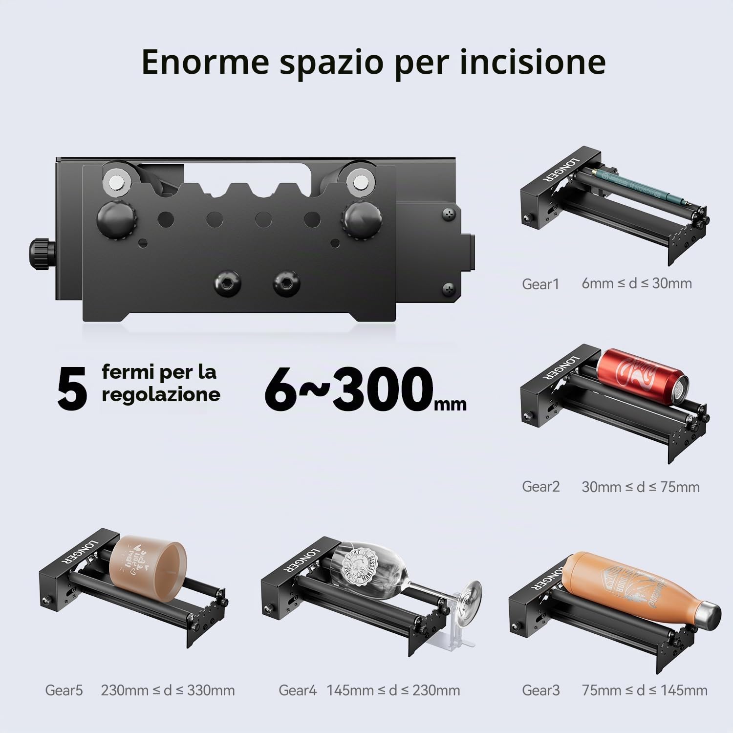 LONGER Rotolo Rotante per Incisione Laser, Rotolo Rotante Asse Y a 360° per Incisione Laser su Oggetti Cilindrici come Bicchieri, Lattine, Tazze, Bottiglie, Regolabile da 6 a 200mm di Diametro
