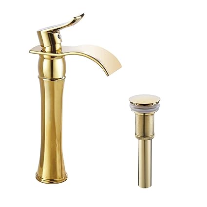 GGStudy Single Handle One Hole Bathroom Vessel Sink Faucet Matching Pop Up Drain Without Overflow Gold Finish