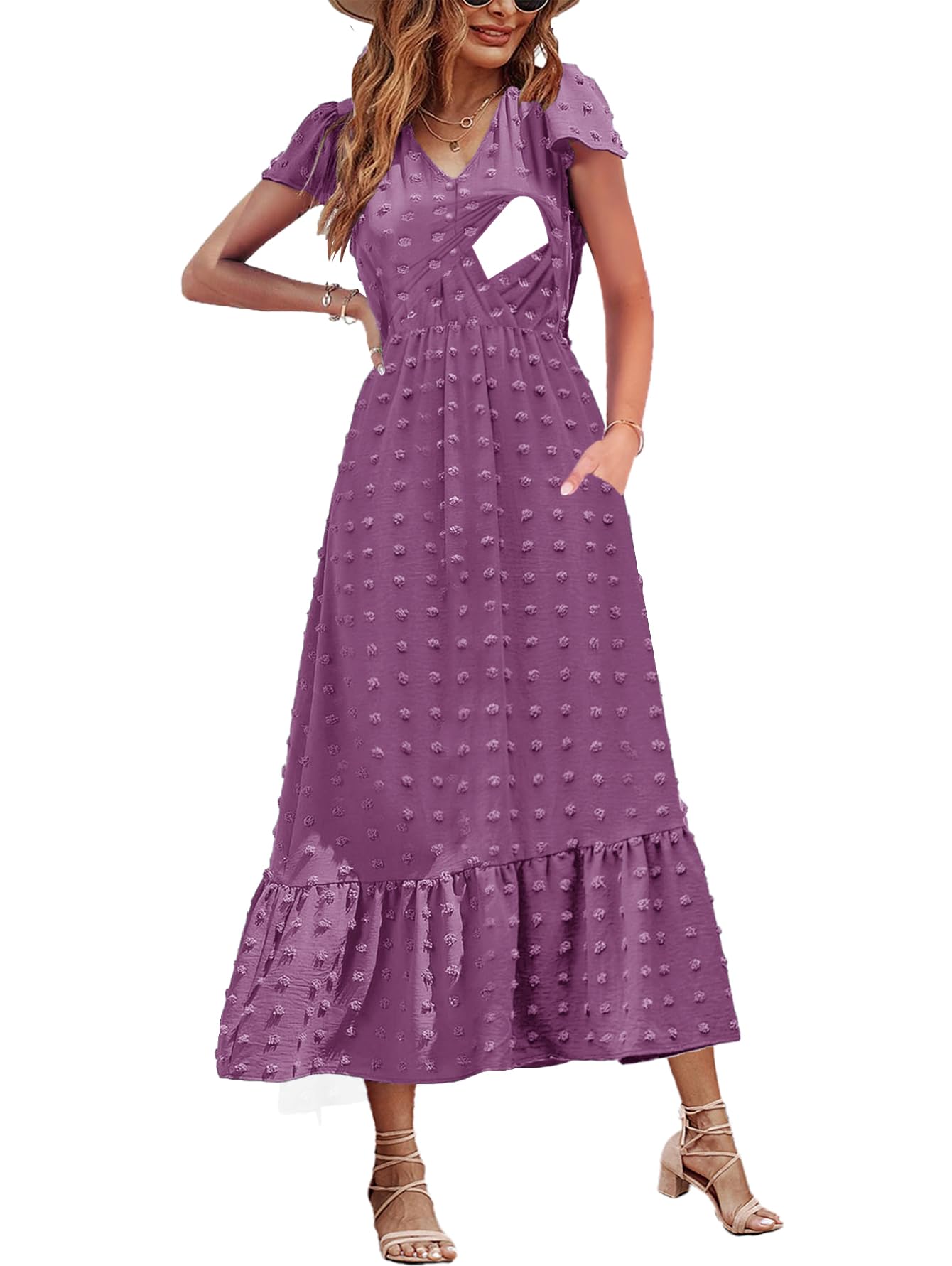 CzzzyL Women Nursing Dresses Cap Short Sleeve V Neck Swiss Dot with Pockets