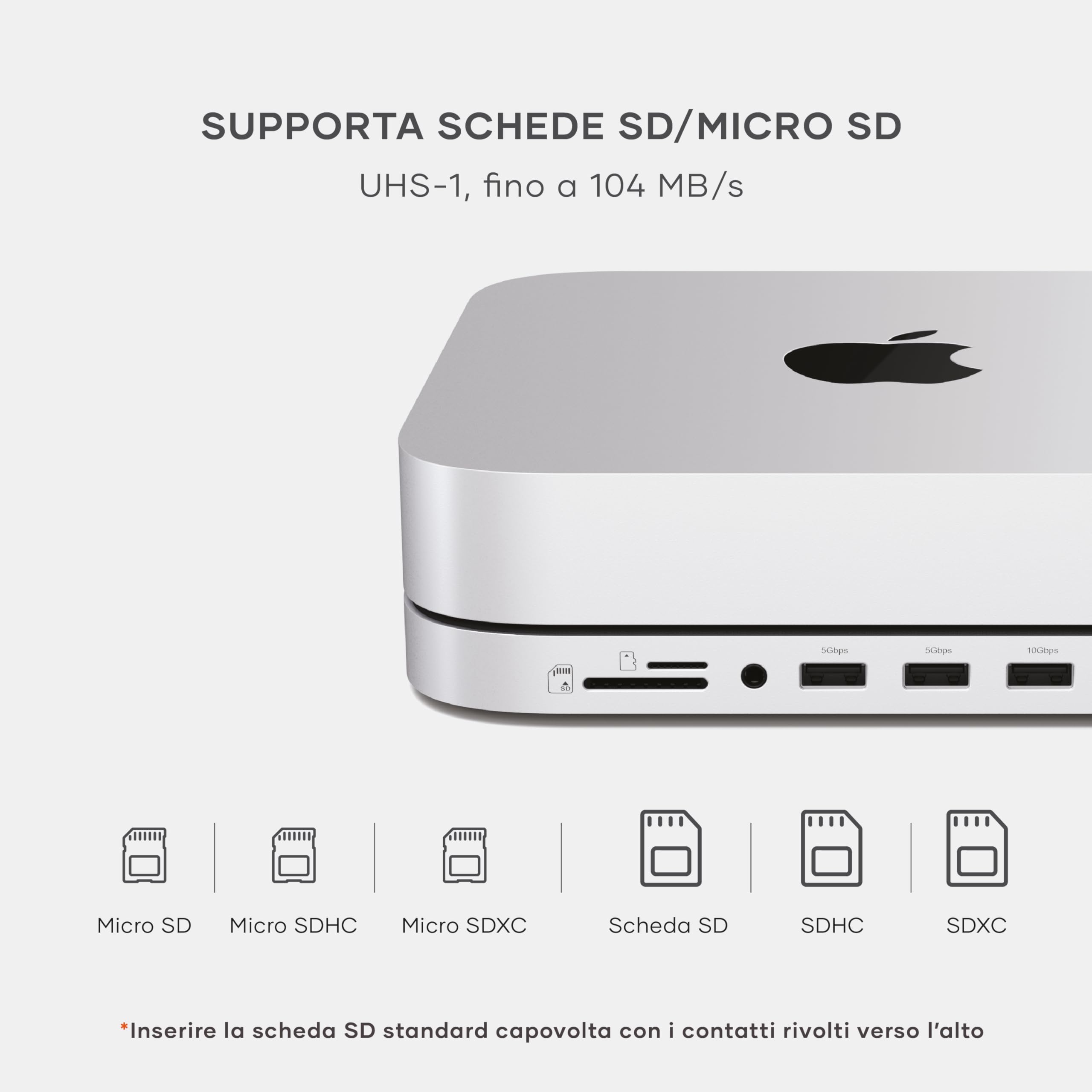 SATECHI Mac Mini Hub & Supporto per Mac Mini M2/M1 e Studio M4/M1 | Custodia SSD NVMe/SATA, USB-C 3.2 a 10Gbps, 3x porte USB-A fino a 10Gbps, jack audio (non compatibile con Mac Mini M4)