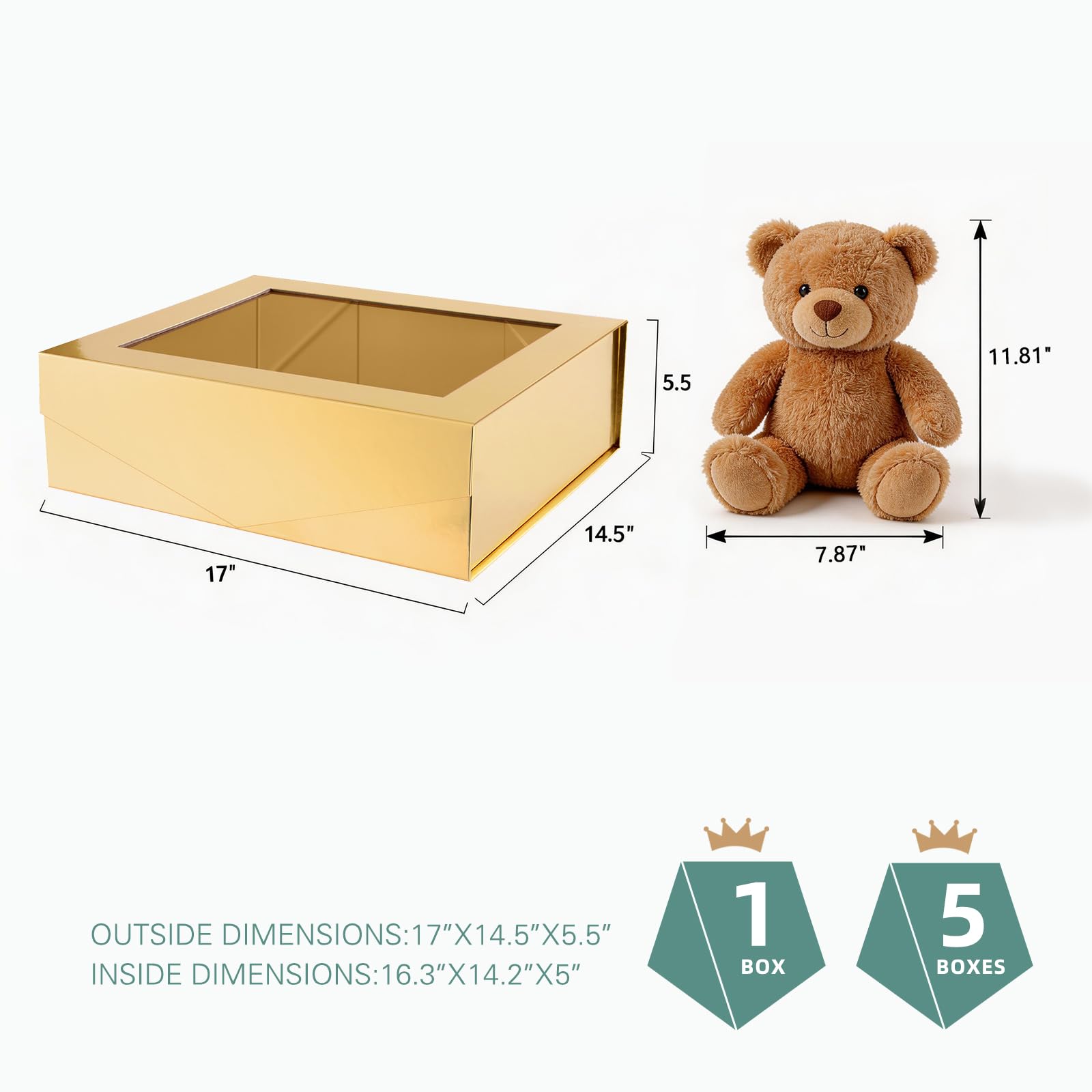 PACKQUEEN 5 extra große goldene Geschenkboxen mit Fenster, 41 x 36 x 12 cm, transparente Geschenkboxen für Geschenke enthalten Bänder, Karten, Brautjungfernantragsboxen mit magnetischen Deckeln