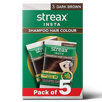Streax Insta Shampoo Hair Colour for Women & Men, Dark Brown 3 - Pack of 5|Hair Colour Brown|100% grey coverage |Long Lasting Hair Color, easy to use| Ammonia Free Hair Color, No Paraben & Sulphate - image, photos