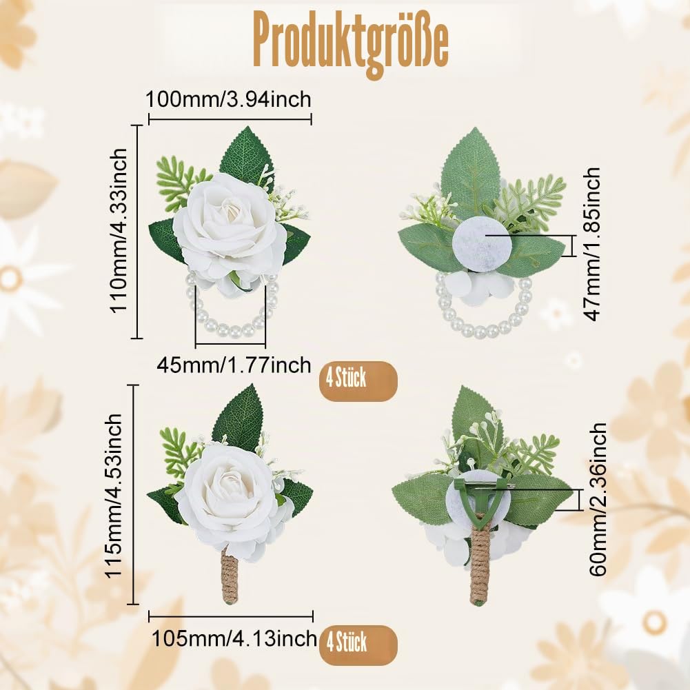 CUTHOLLOW 8 Stück Boutonniere Hochzeit and Corsage, Boutonniere Hochzeit Herren Set, Knopfloch Blumen mit Nadel und Clip, Künstliche Weiße Rosen-Ansteckblume für Braut, Bräutigam, Abschlussball