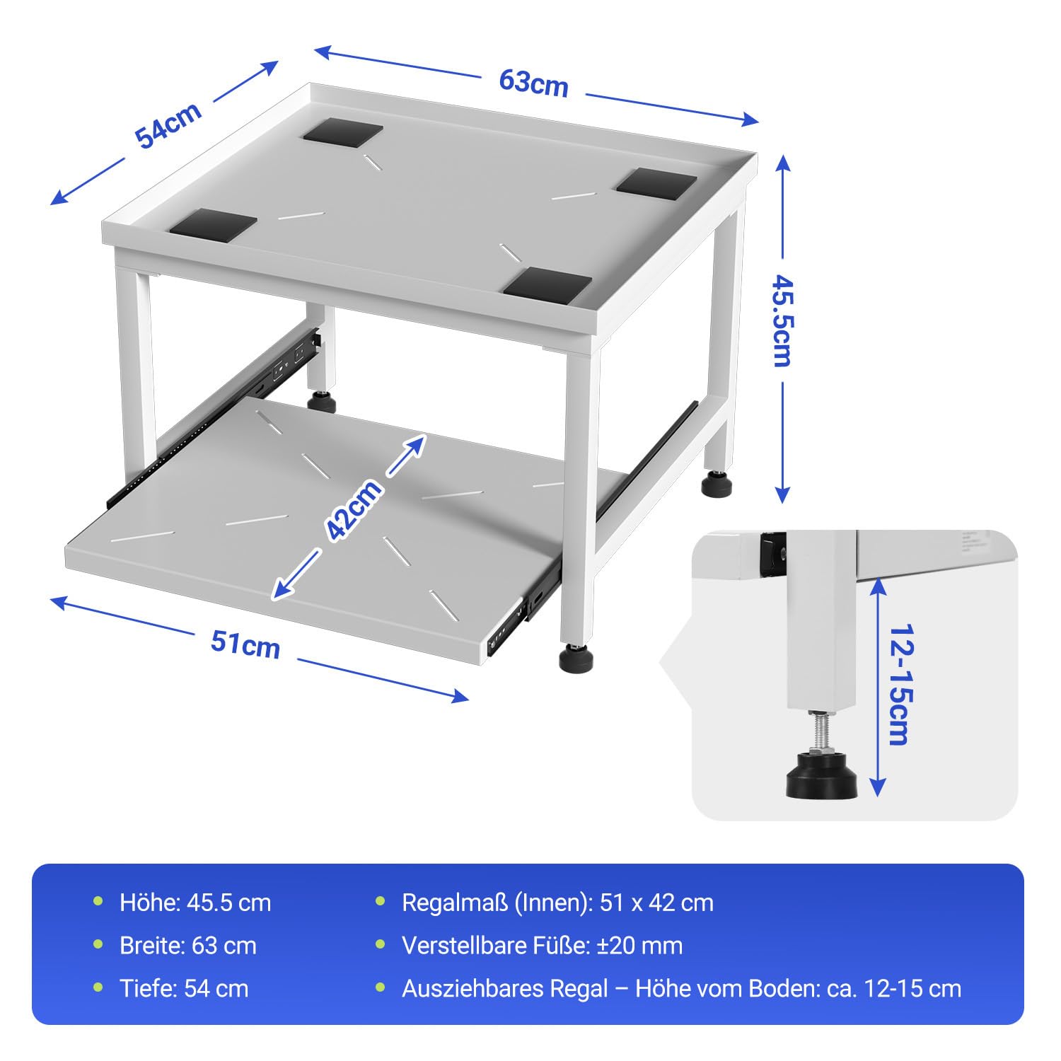 Base per lavatrice 45,5 cm, con cassetto, piedini regolabili in altezza e cuscinetti antiscivolo, fino a 200 kg, piedistallo per lavatrice/asciugatrice, bianco