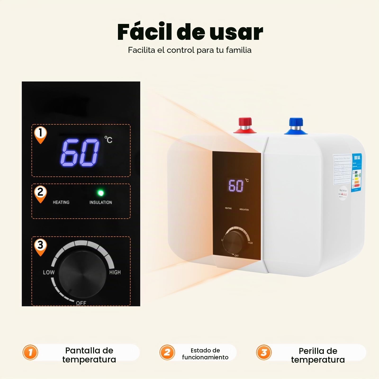 Caldera pequeña de 6 l, resistente a la presión, 1500 W, para cocina con pantalla LED, pequeño almacenamiento debajo de la mesa para el uso bajo fregaderos de cocina y lavabos