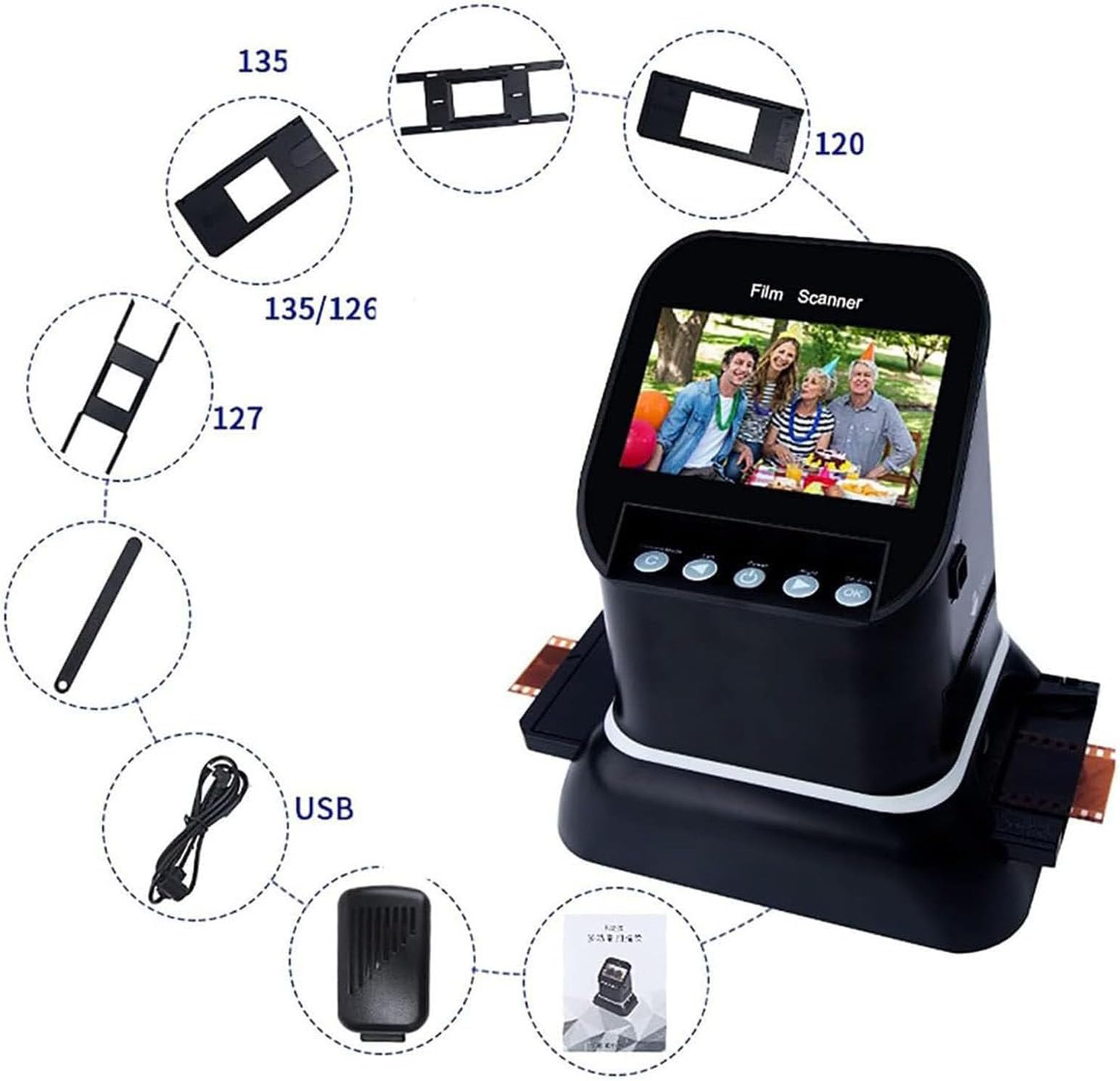 Scanner Digitale per Pellicole E Diapositive, Scanner per Pellicole Ad Alta Risoluzione,Supporta 5 Formati Di Pellicola 120,Schermo Lcd 4.3in