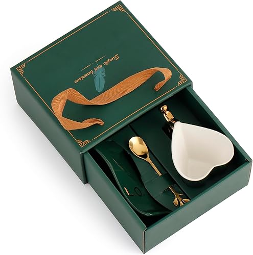 Miniatura 9 de YEBAOHAO Taza de café de cerámica de 5.4 fl oz y platillo con taza de té de cuchara Tazas de té especiales en forma de corazón (azul)