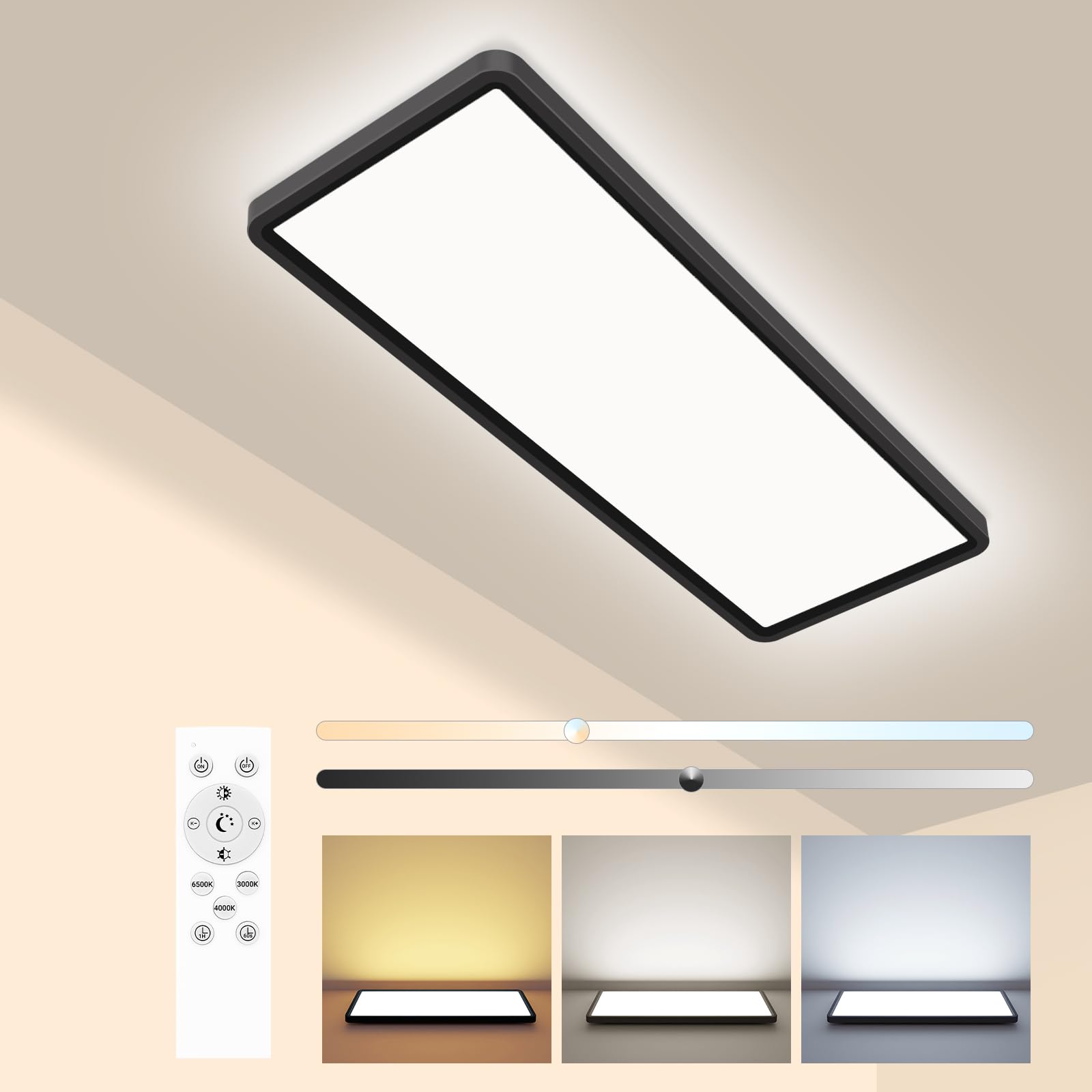 Pesaur LED Deckenleuchte Flach 58x20cm 32W 3500LM, Deckenlampe Dimmbar mit Fernbedienung 3000K-6500K, IP44 Küche Schwarz Rechteckig LED Panel für Wohnzimmer Schlafzimmer Badezimmer Büro