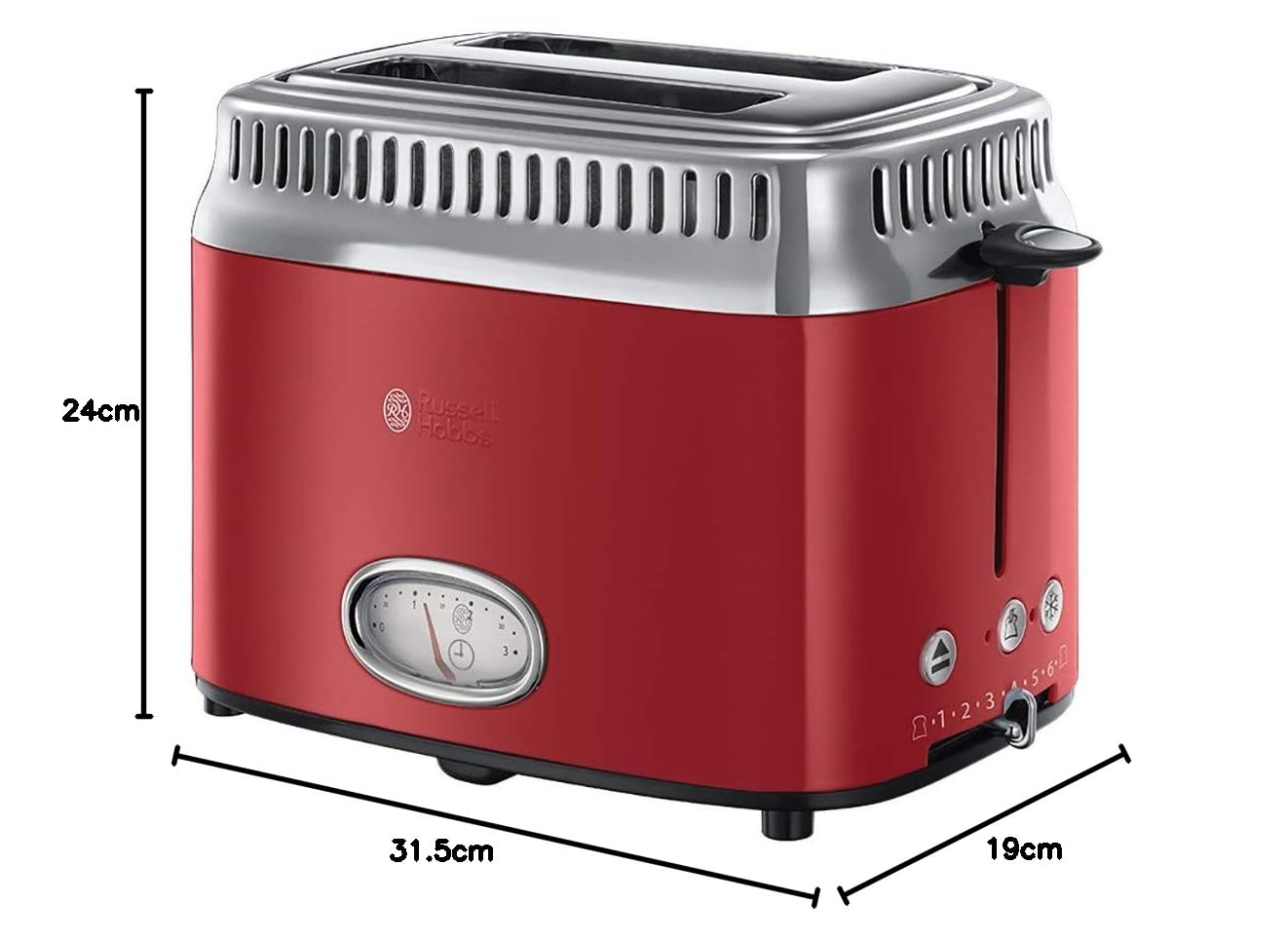 Russell Hobbs Toaster [für 2 Scheiben] Retro Edelstahl Rot (Countdown-Anzeige im Retrodesign, inkl. Brötchenaufsatz, 6 Bräunungsstufen + Auftau- & Aufwärmfunktion, 1300W) Vintage 21680-56