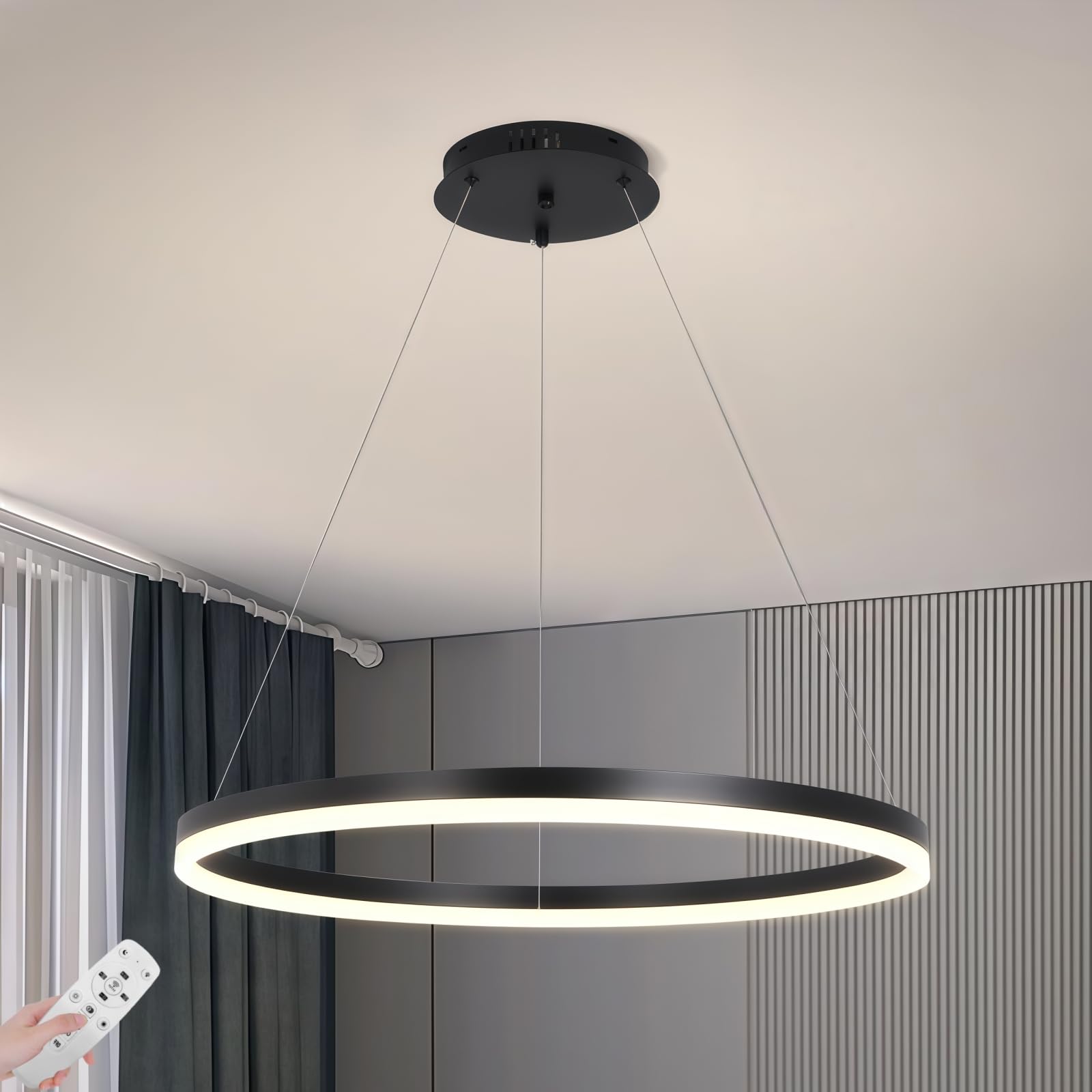 YATAI Modern LED Chandelier,Single Ring Black Lighting Fixture for Dining Room,Acrylic Adjustable Height Chandelier Lighting Fixture Ceiling Hanging Modern LED Pendant Light 34W,3000K-6000K