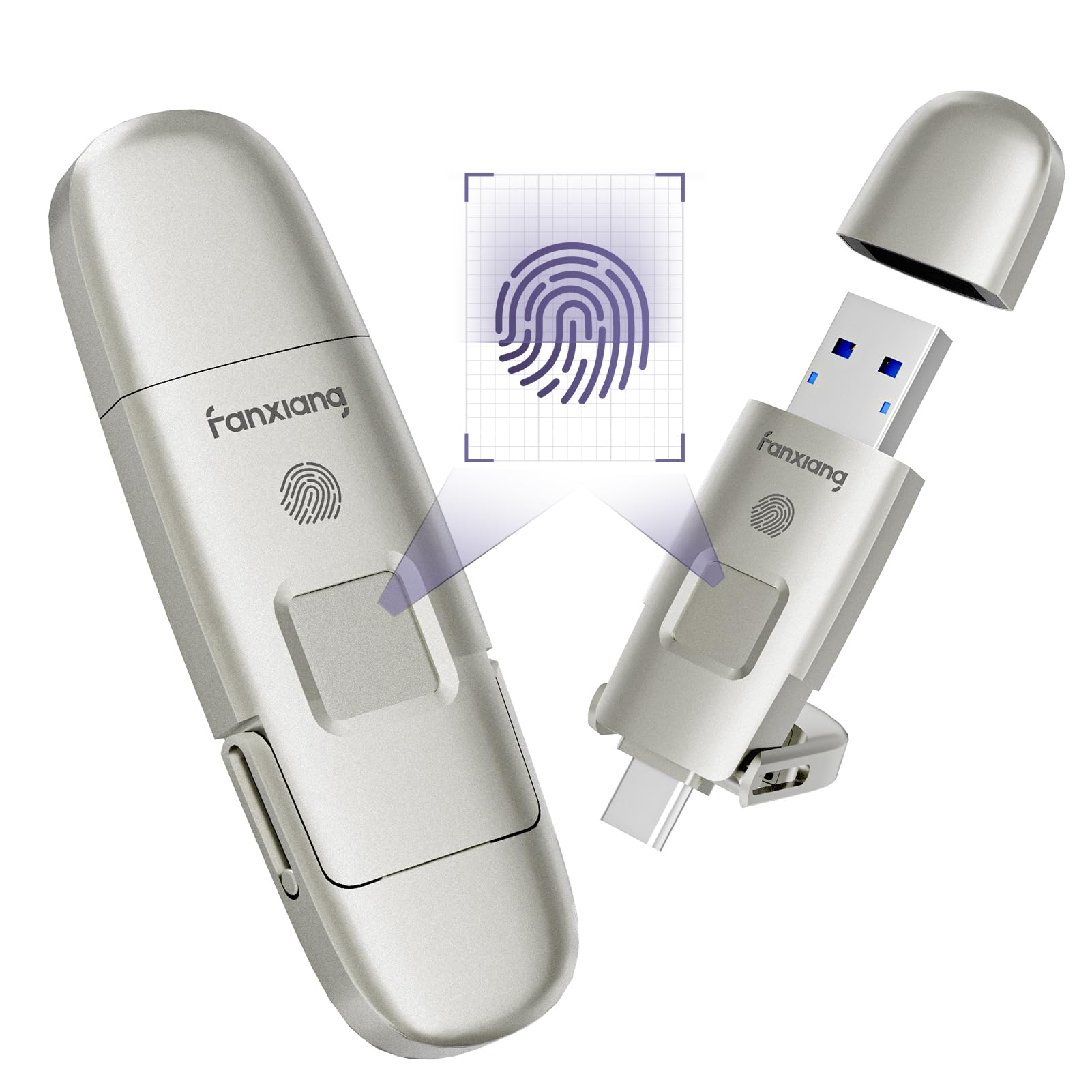 fanxiang 128GB USB Flash Drive Fingerprint Encrypted, USB Stick up to 550MB/s, Dual USB 3.2 Gen2 Type-A & Type-C Memory Stick, Magnetic Connector, Compatible with Windows/Mac/Android—FP651
