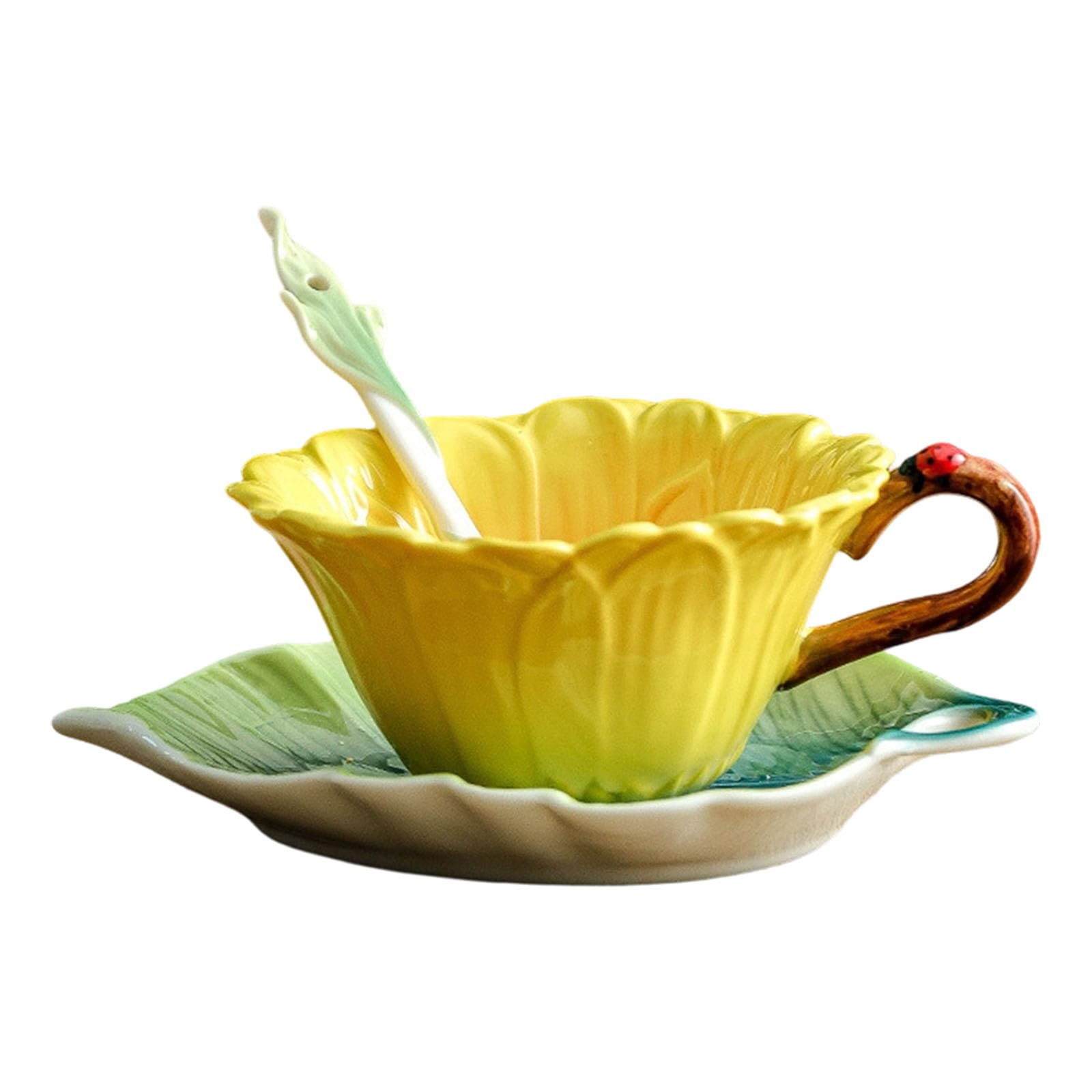 Hsioluted Enameled Coffee Cup Set Includes Cup Saucers Spoon Beautiful Flower Pattern 180Ml Lavishness Afternoon Tea Set Outdoor Meal Tableware