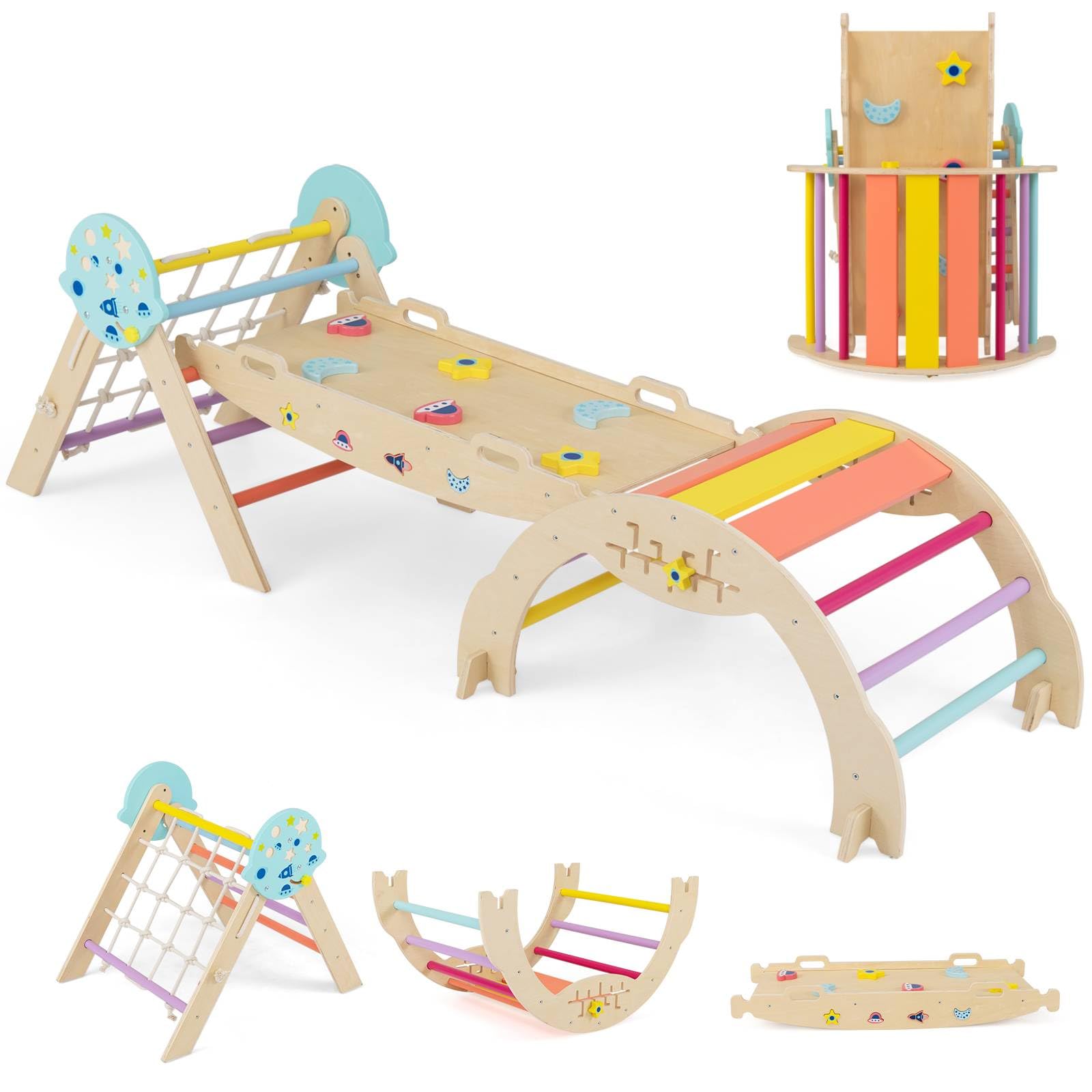 GYMAX Kids Climbing Set, Wooden Toddler Climber with Arch and Reversible Ramp, Indoor Climbing Frame for Boys Girls(Colorful,8 in 1 Spaceman-Themed:204 x 53 x 58 cm)