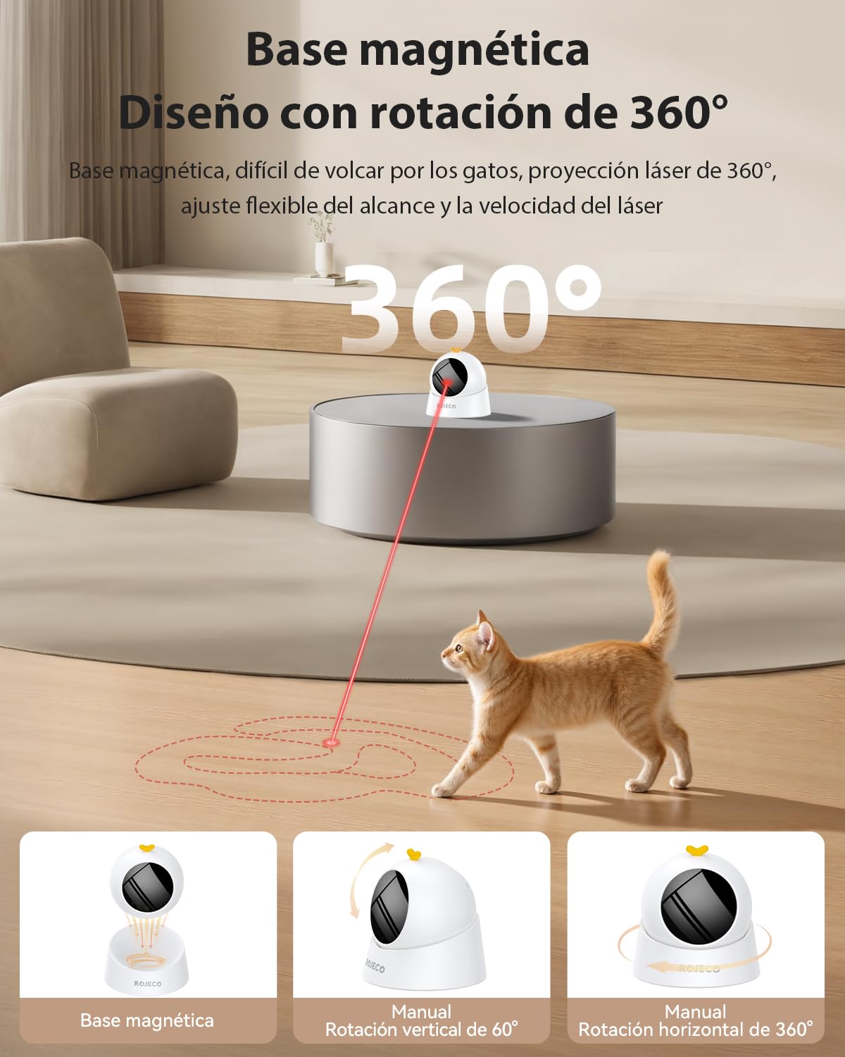 Juguete interactivo para gatos, automático y recargable con batería de 1000 mAh, base magnética de 360°, modo de suspensión automática y 3 modos de velocidad. Ideal para gatos de interior y gatitos