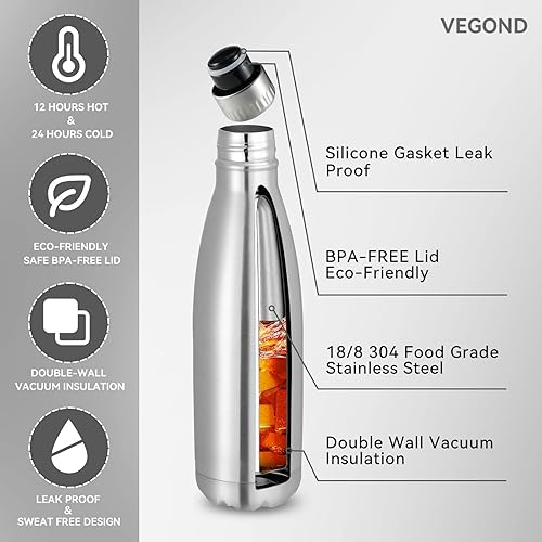 Miniatura 2 de VEGOND Botellas de agua de acero inoxidable de 17 onzas, botella de agua deportiva de metal reutilizable que mantiene la bebida caliente y fría,