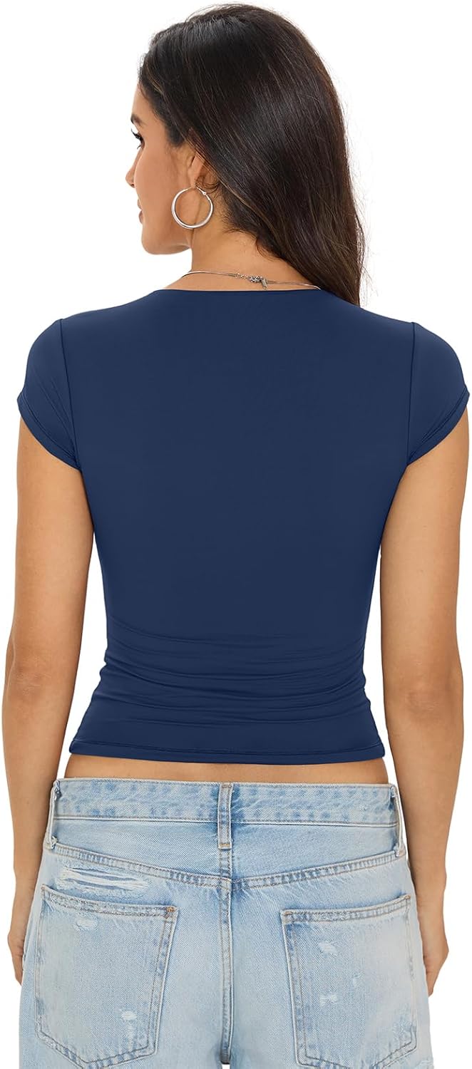 Womens Double Lined Tops Cropped Cap Sleeve Shirts Crew Neck Fitted Baby Tee Y2k Summer Clothes 2026 - Image 6
