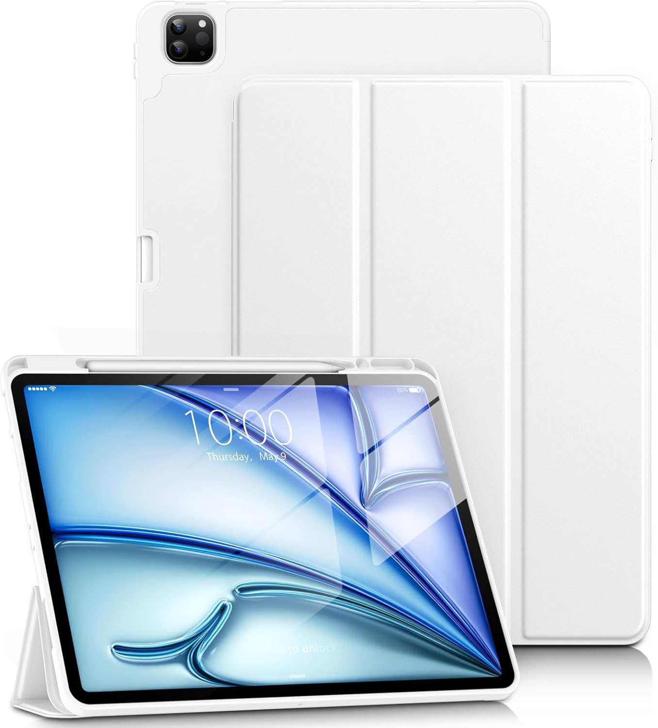 DTTO for iPad Air 13 Inch Case M4/M3/M2 2026/2025/2024, iPad Pro 12.9 Inch Case (6th/5th/4th/3rd Gen), Smart Slim Trifold Stand Soft Cover with Pencil Holder, White