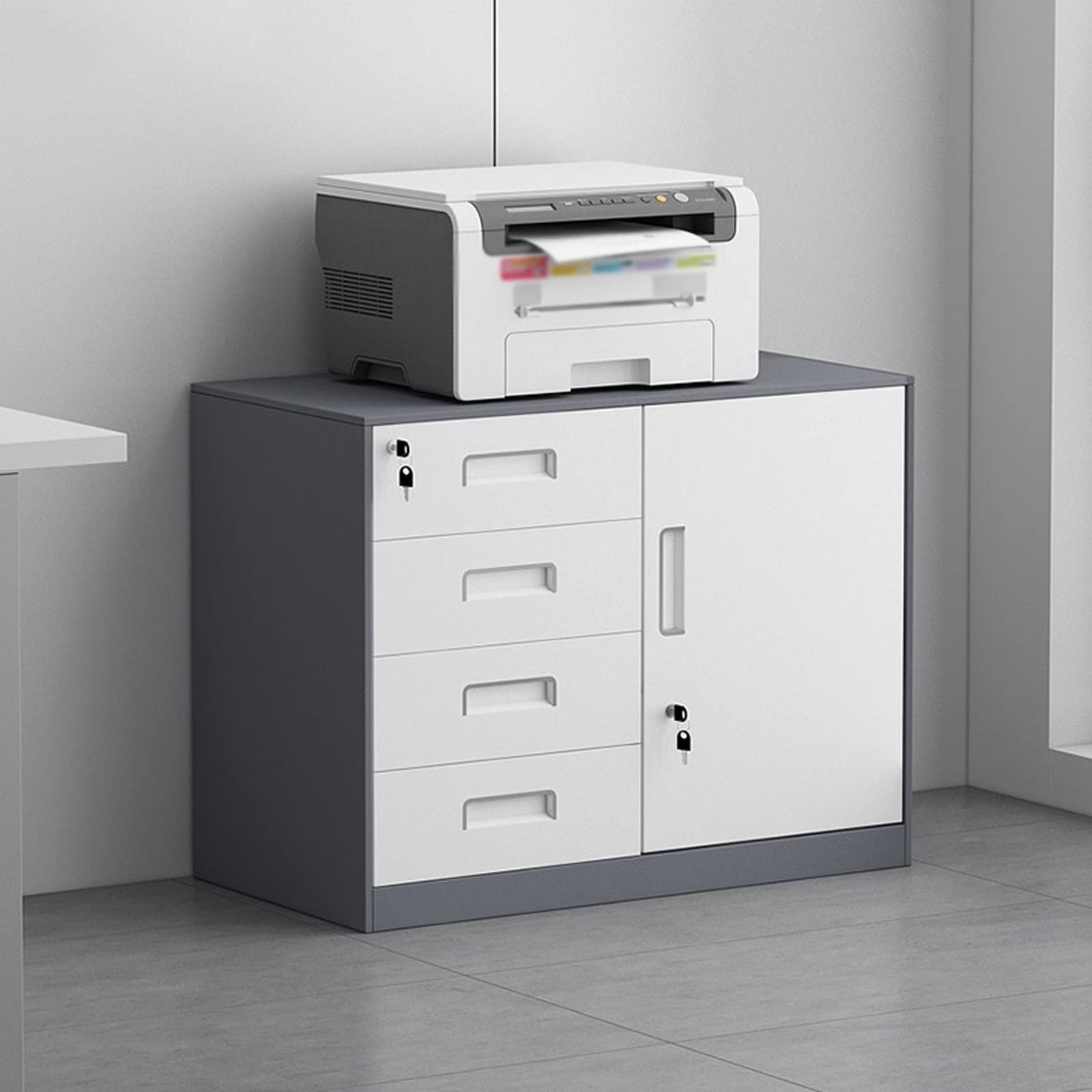 Aktenschrank mit 4 Schubladen und Schloss, komplett montierter vertikaler Aktenschrank, Druckerschrank aus Stahl(Grey Ordinary Style)