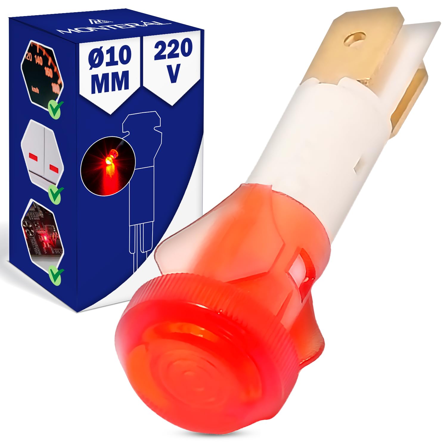 Spia Luminose LED 220V Testa Tonda Ø 10 mm Indicatori Luminosi Colore Rosso Garanzia di 10 Anni - MONTERAL