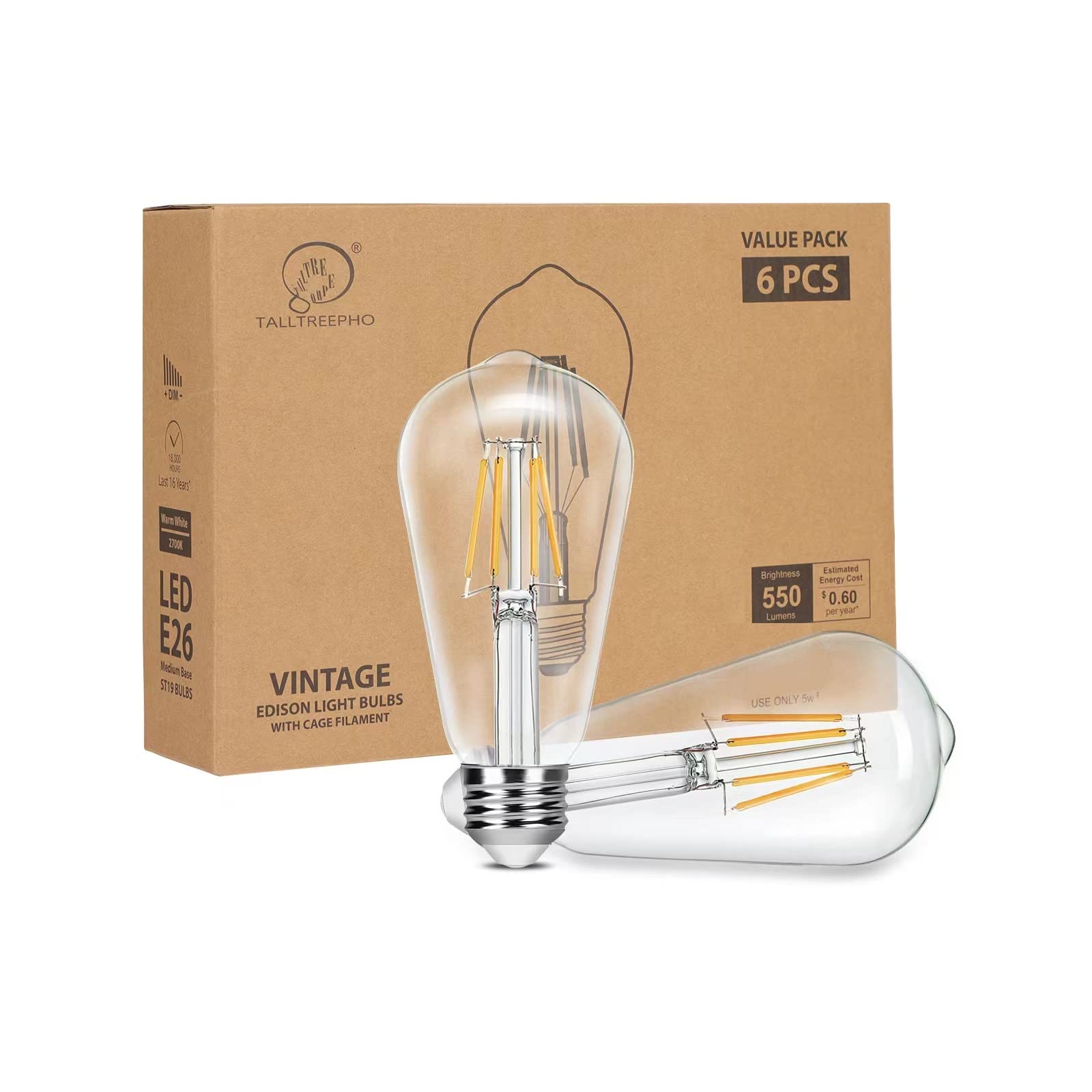 Talltreepho Vintage LED Edison Bulb 50W Equivalent, 550 Lumen Soft