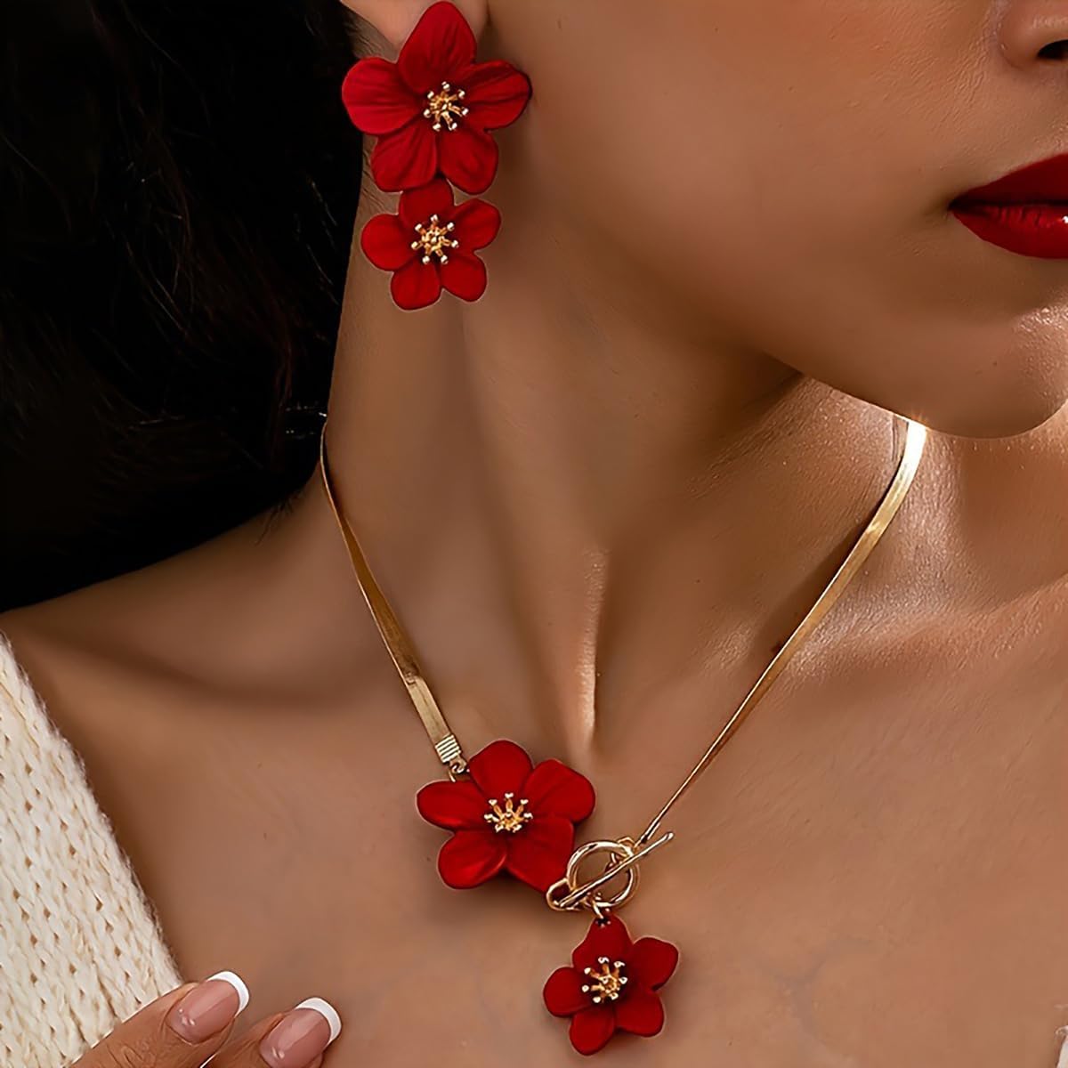 Vintage Flower Necklace Earring Set Gold Snake Chain Necklace Bohemian Red Flowers Choker Necklaces Hypoallergenic Statement Flower Stud Earrings Elegant Bridal Wedding Summer Beach Jewelry - Image 2
