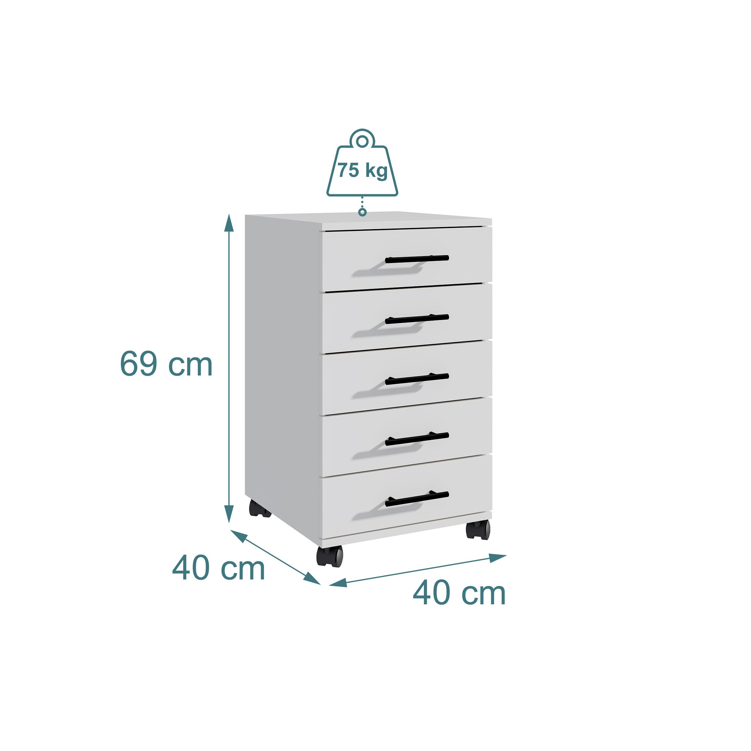 Contenitore su rotelle Relaxdays, 5 cassetti, HxLxP: 69 x 40 x 40 cm, mobiletto per Ufficio su rotelle, Bianco