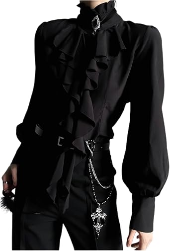 Misswdd Womens & Mens Long Sleeve Blouse with Ruffle, Stand-up Collar, Ribbon, Neat Formal Shirt, Elegant and Cute Top for Office, Commuting, Suitable for Spring, Autumn, and Winter |