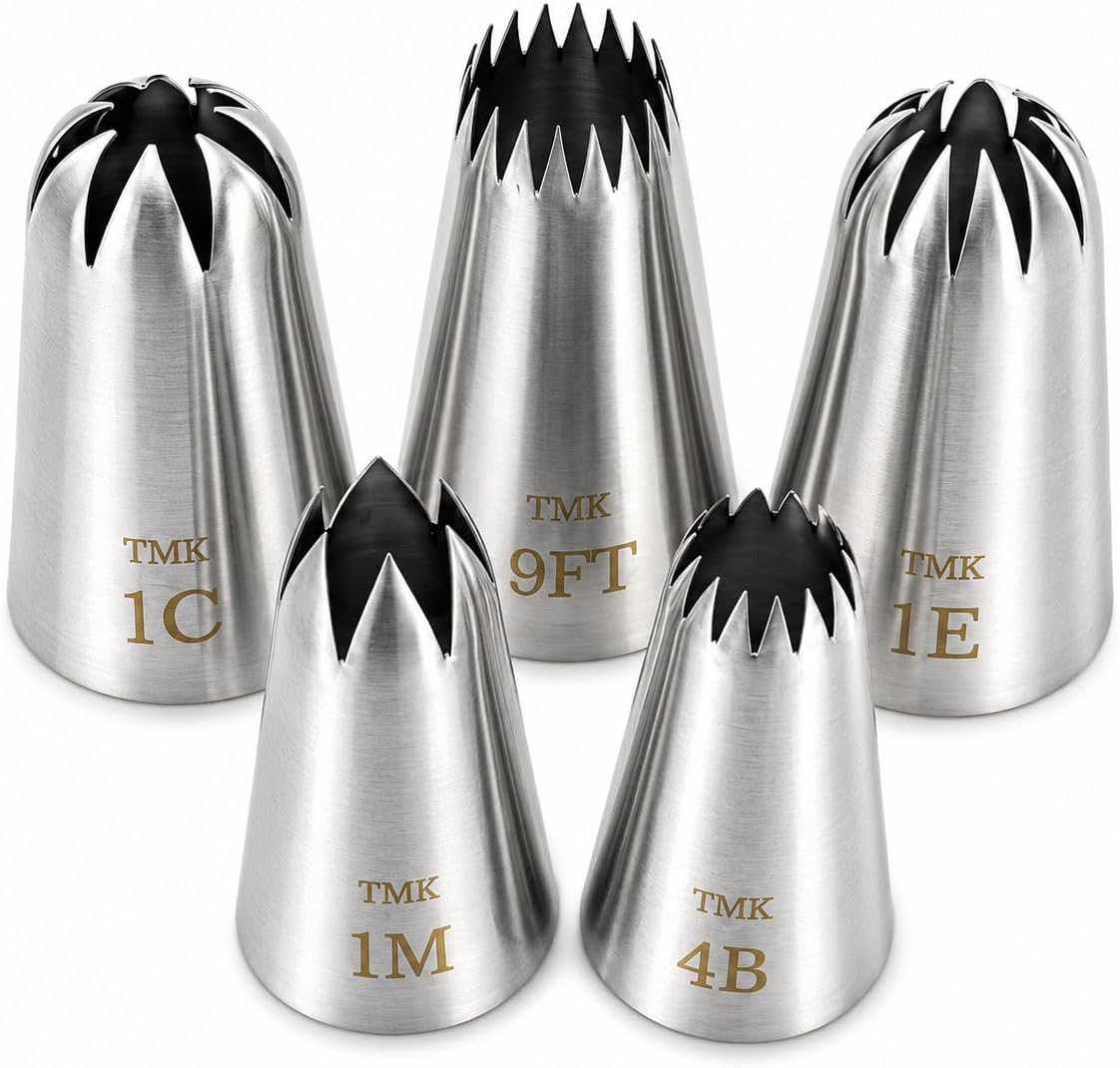 5 Pack Stainless Steel Seamless Piping Icing Tips #9FT 1C 1E 1M 4B, Large Star Piping Nozzle, Cake Decorating Tools for Baker