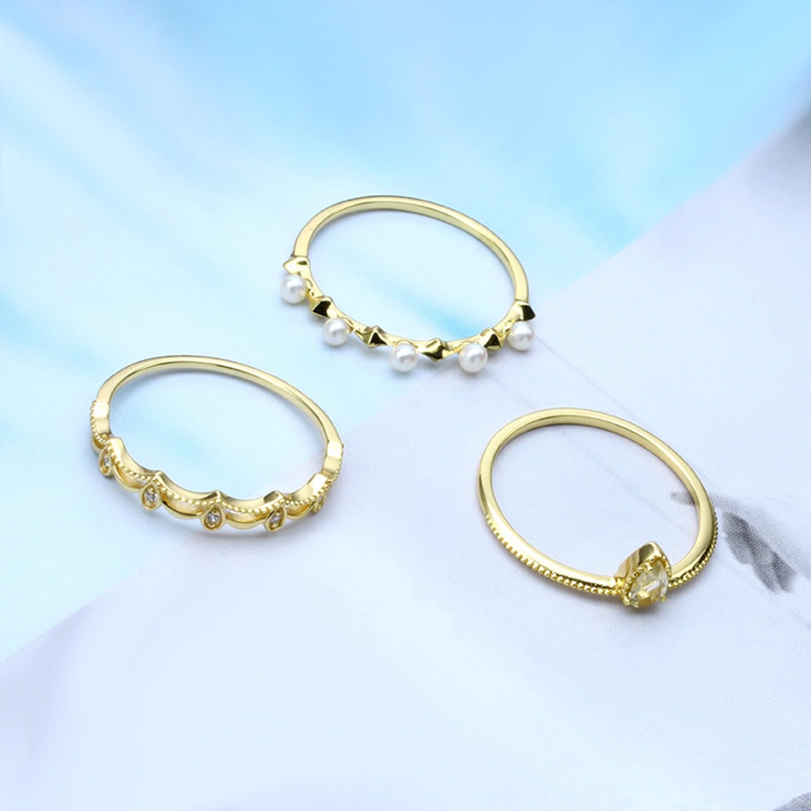 Verlobungsring Gold, Damen Vintage Trauring 3-teiliges Set mit Kristall und Perle, Moissanit aus Gelbgold