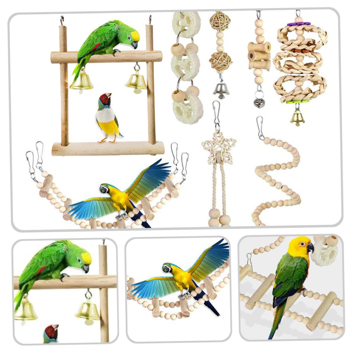 Mipcase 2ensembles Cage à Oiseaux Bois avec Échelle Et Balancelle pour Perruches De Jouets à Mâcher Accessoire Amusant pour Perroquets Et Oiseaux De Compagnie