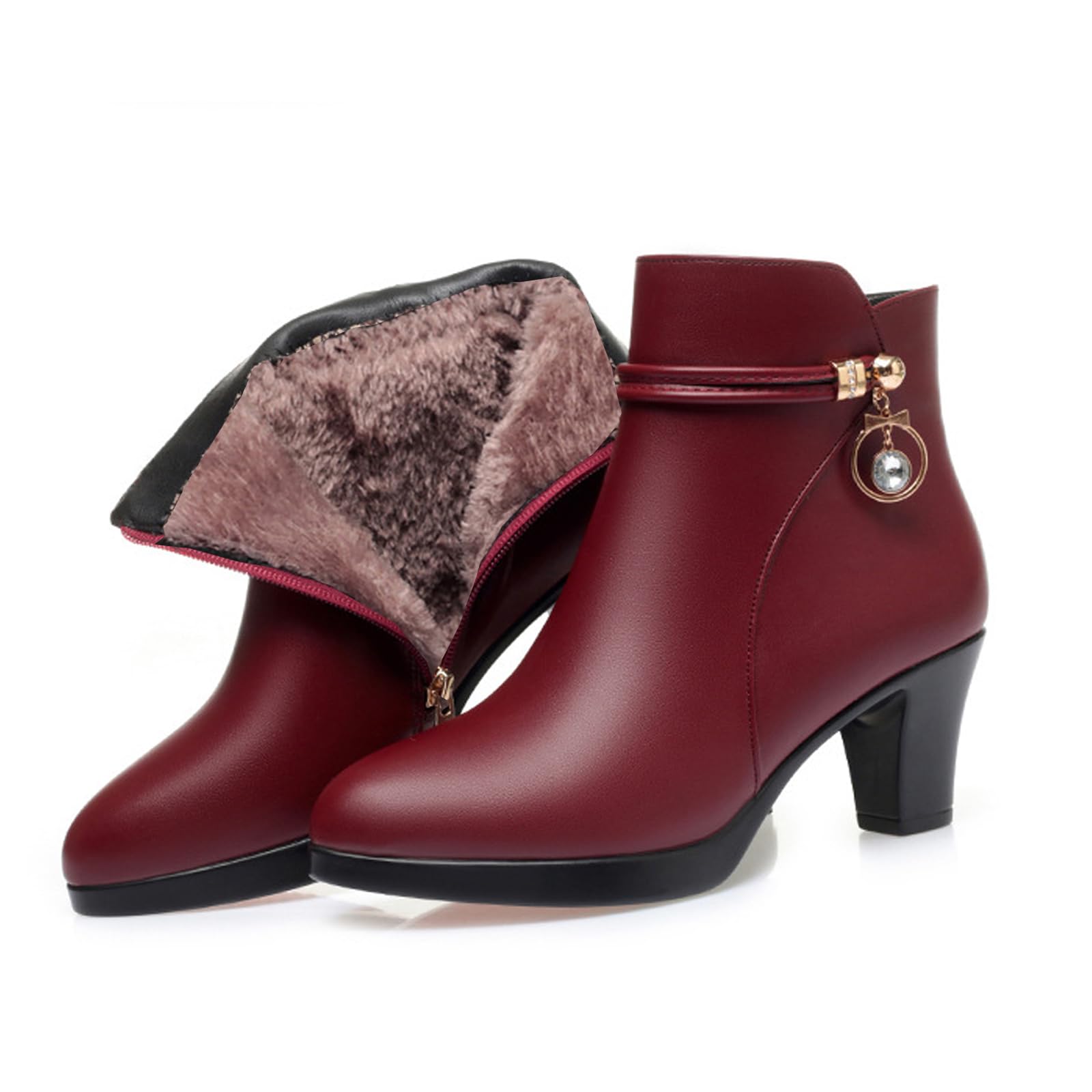 Womens Leather Mid Block Heel Ankle Boots Fashion Rhinestones Buckle Decor Comfort Warm Fur Lined Side Zipper Chunky