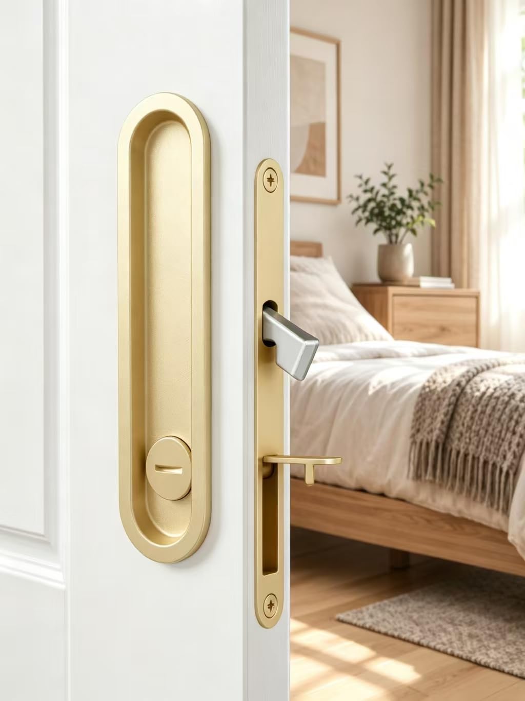 Pocket Door Lock,Brushed Gold Pocket Door Hardware,Flush Mount Pull Handles