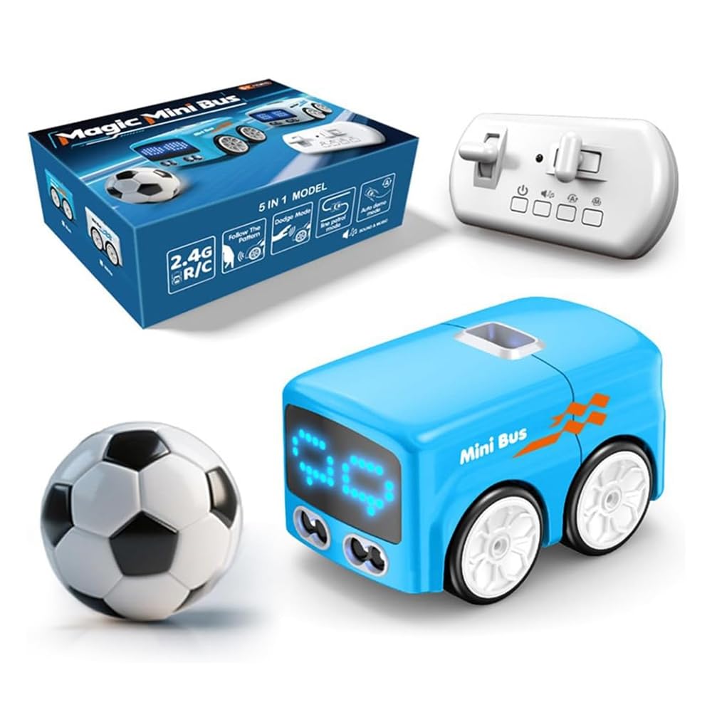 YOAOSER 2026 Upgraded Magic Mini Rc Bus, Inductive Mini Interactive Cars Follows The Line,Remote Control Car with LED Expression Lights & Automatic Follow Mode,Rc Remote Control Sensor Car (blue)