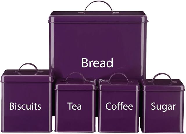 Denny International® 5 Piece Kitchen Storage Includes Bread Bin Biscuit Tea Coffee Sugar Caddy Tins Containers Canister Storage Jars Pots Set (Purple)