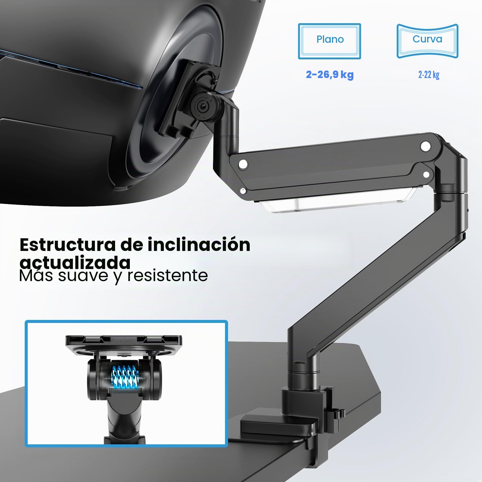 PUTORSEN Brazo para Monitor y TV de 17-57 Pulgadas, Soporte de Escritorio con Resorte de Gas, hasta 27 kg, Placa de Refuerzo, VESA máx. 200 x 200