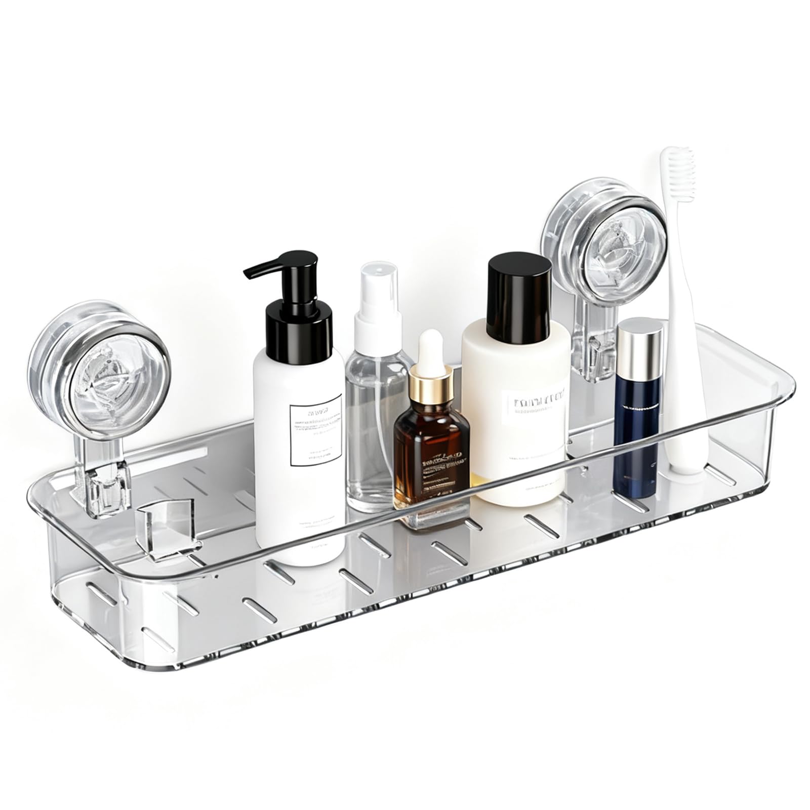 Bjhyiz Clear Shower Caddy Suction, Bathroom Caddy With Hooks Shower Shelf No Drilling Storage Basket With Suction Cups Plastic Wall Mounted Bathroom Rack For Shampoo Razors Soap