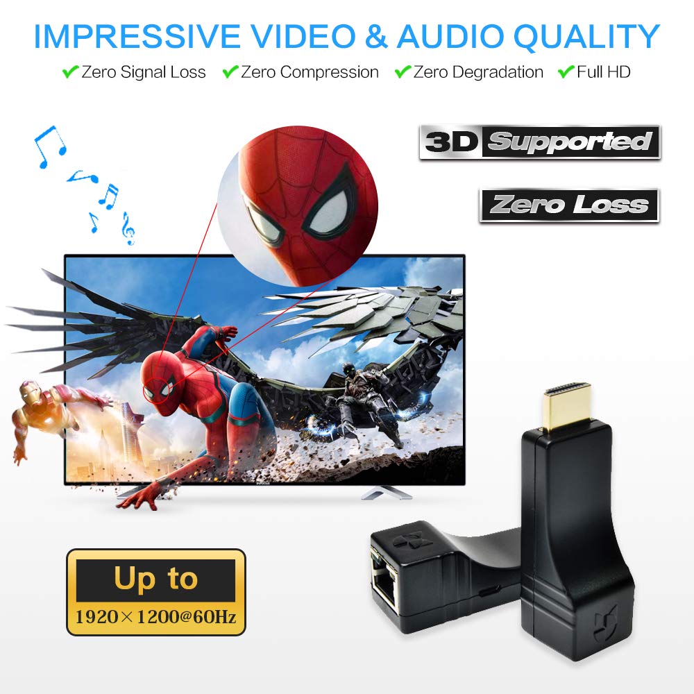 DDMALL HDMI Extender per Cavo Singolo CAT6, Nessuna latenza, Nessuna Perdita, POC, Full HD 1080P, Alimentazione USB, Facile Installazione, trasmettitore e Ricevitore 196ft 1080p Kit with IR (HE-15IR)