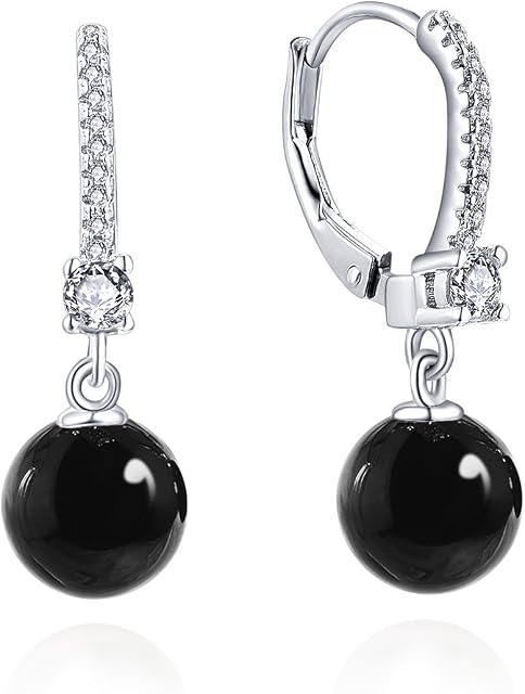 JO WISDOM Pearl Earrings,925 Sterling Silver AAA CZ Birthstone 8mm Black/White Pearl Leverback Drop Earrings,Jewellery for Women
