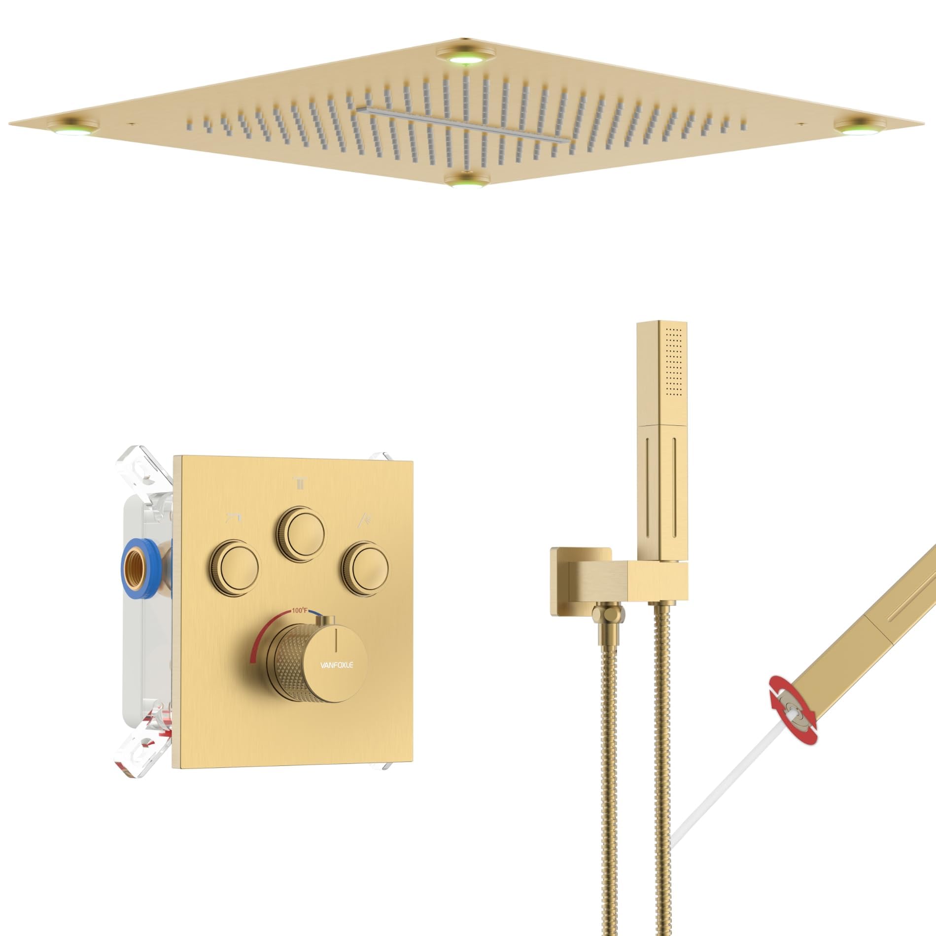VANFOXLE Duschsystem Mit LED-Regendusche & 2-in-1 Handbrause