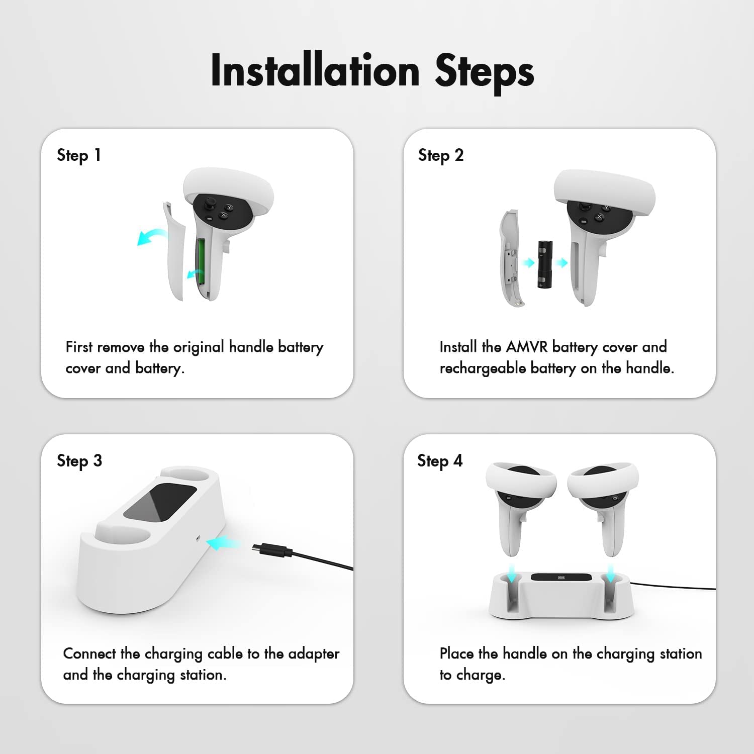 Station de charge pour manettes Oculus Quest 2, accessoires VR pour manettes Oculus Quest 2 avec 2 batteries rechargeables, station de charge rapide avec câble de charge de type C