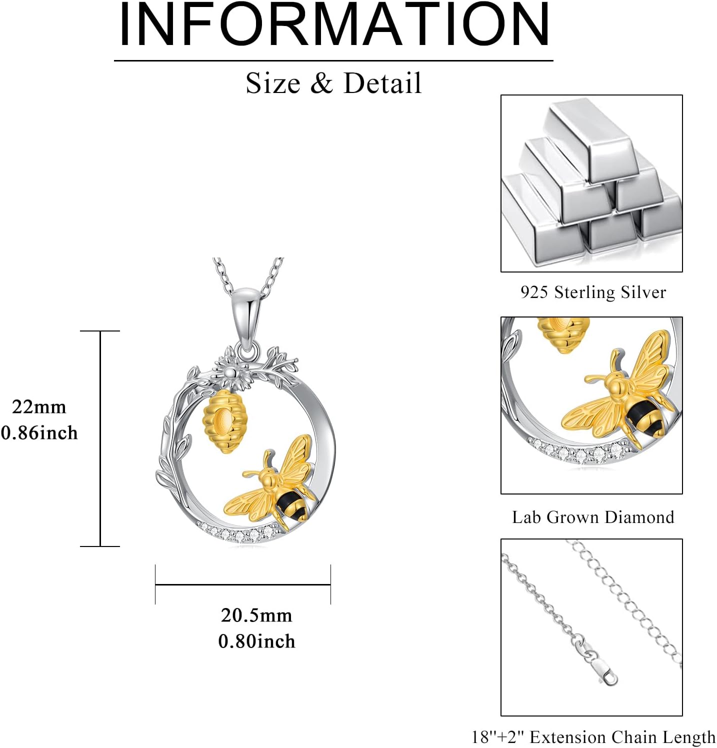 Diamond Bee Necklace for Women 925 Sterling Silver Bumble Bee Pendant Necklace with Lab Grown Diamonds Cute Jewelry Gifts for Her Wife Mom - Image 6