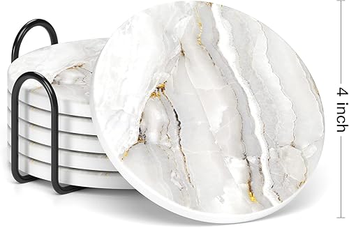Miniatura 2 de Nipichsha Juego de 6 posavasos de cerámica absorbente estilo mármol con soporte y base de corcho, bonitos posavasos de piedra para tazas, cocina,