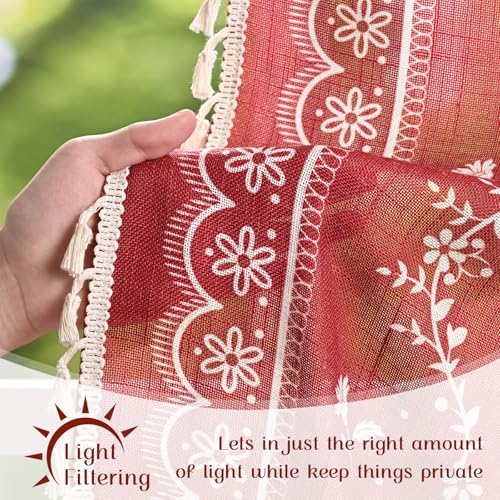 Image of Yinhua Boho Swag Valance Curtains Vintage Linen Valances for Windows Light Filtering Floral Kitchen Valance Rod Pocket Farmhouse Rustic Tassel Window Valances for Bathroom Cafe, 60 inch W x 36 inch L, Red