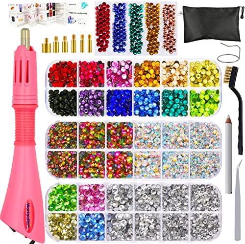 Worthofbest Hotfix Applicator, Rhinestones Setter Wand Tool, Hot fixed Bedazzler Kit, 4560Pcs, AB Crystal, Rainbow, Clear, 15 Colors, Tips, Tweezers, Tray, Gems Picker Tool,Bag,3 Jewel Size