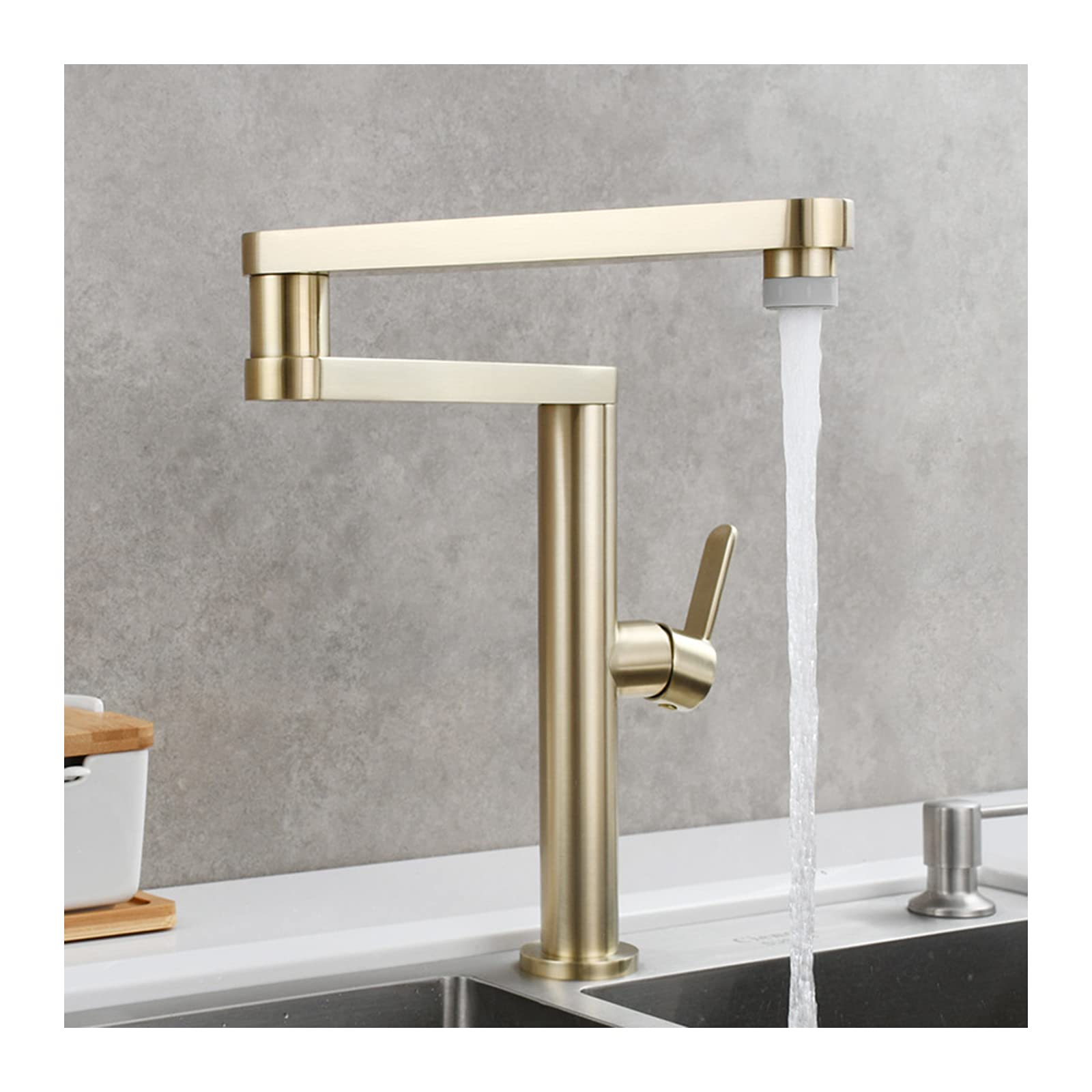 Rubinetto a Parete per riempire pentole, Pieghevole, Estensibile, a Doppio snodo, per Acqua Calda e Fredda, lavello da Cucina, Finitura Spazzolata (Oro Spazzolato)
