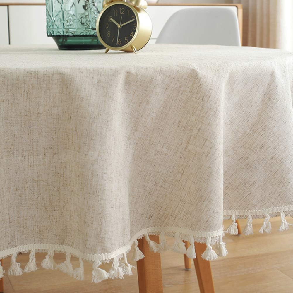 meioro Linen Round Tablecloth, Fabric Circle Table Cloth with Tassels, Washable Wrinkle Free Table Cover Boho Farmhouse Linen Tablecloths for Card Coffee Tables Home Party - Round 60 Inch, Beige